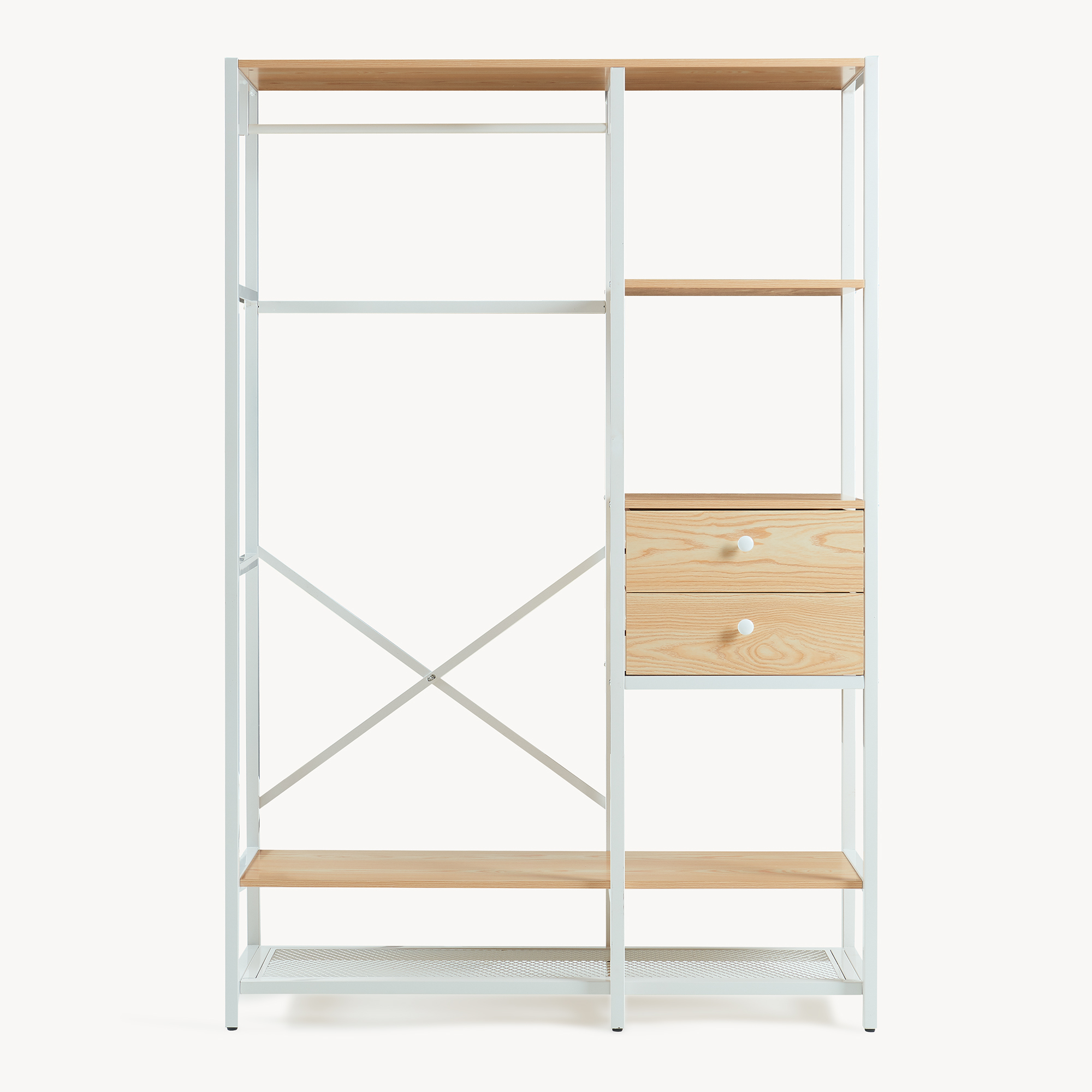 Cuier tip garderobă Larem cu sertare și rafturi, alb/stejar, 180x120x40 cm