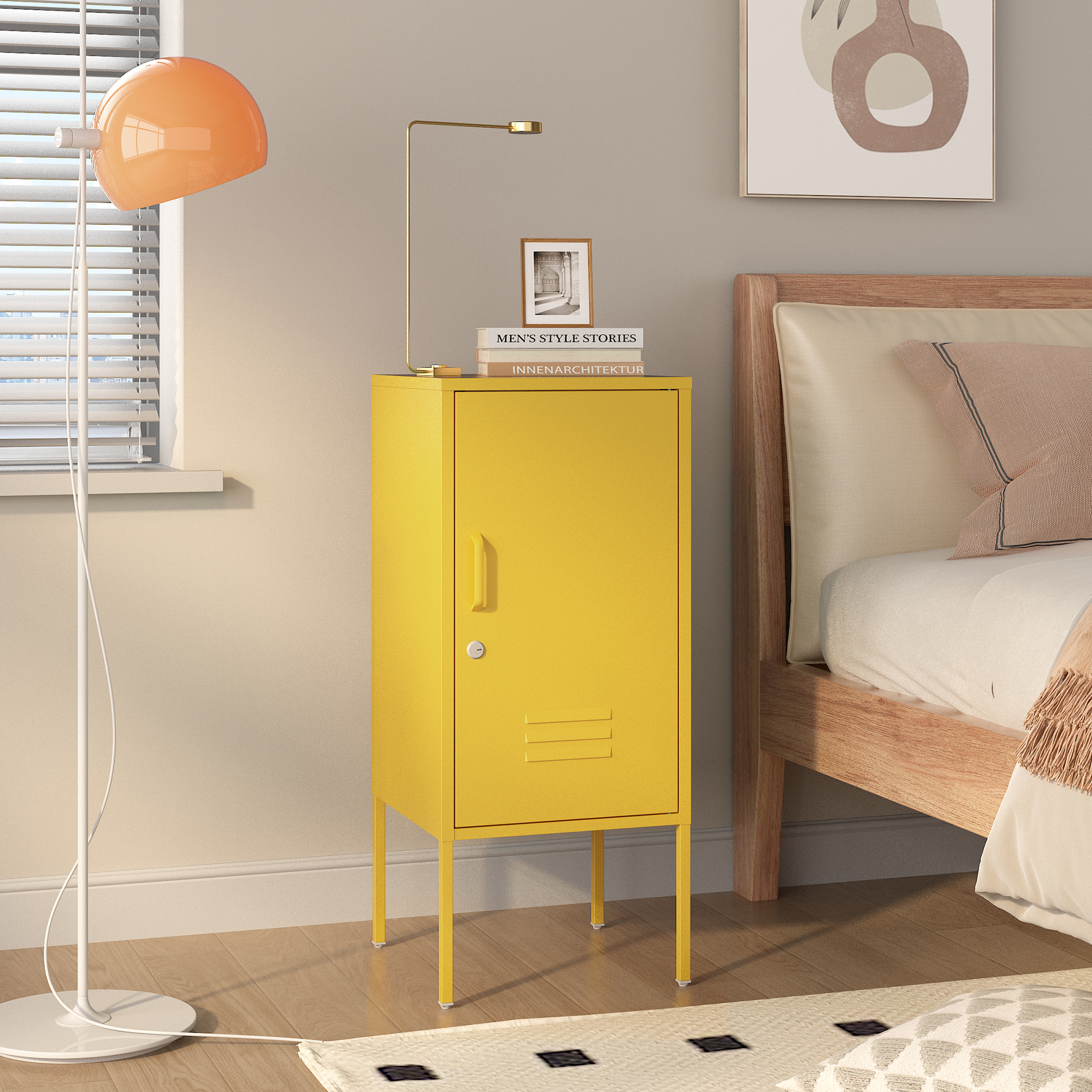 Noptieră metalică galbenă cu ușă încuiabilă, 82x35x35 cm
