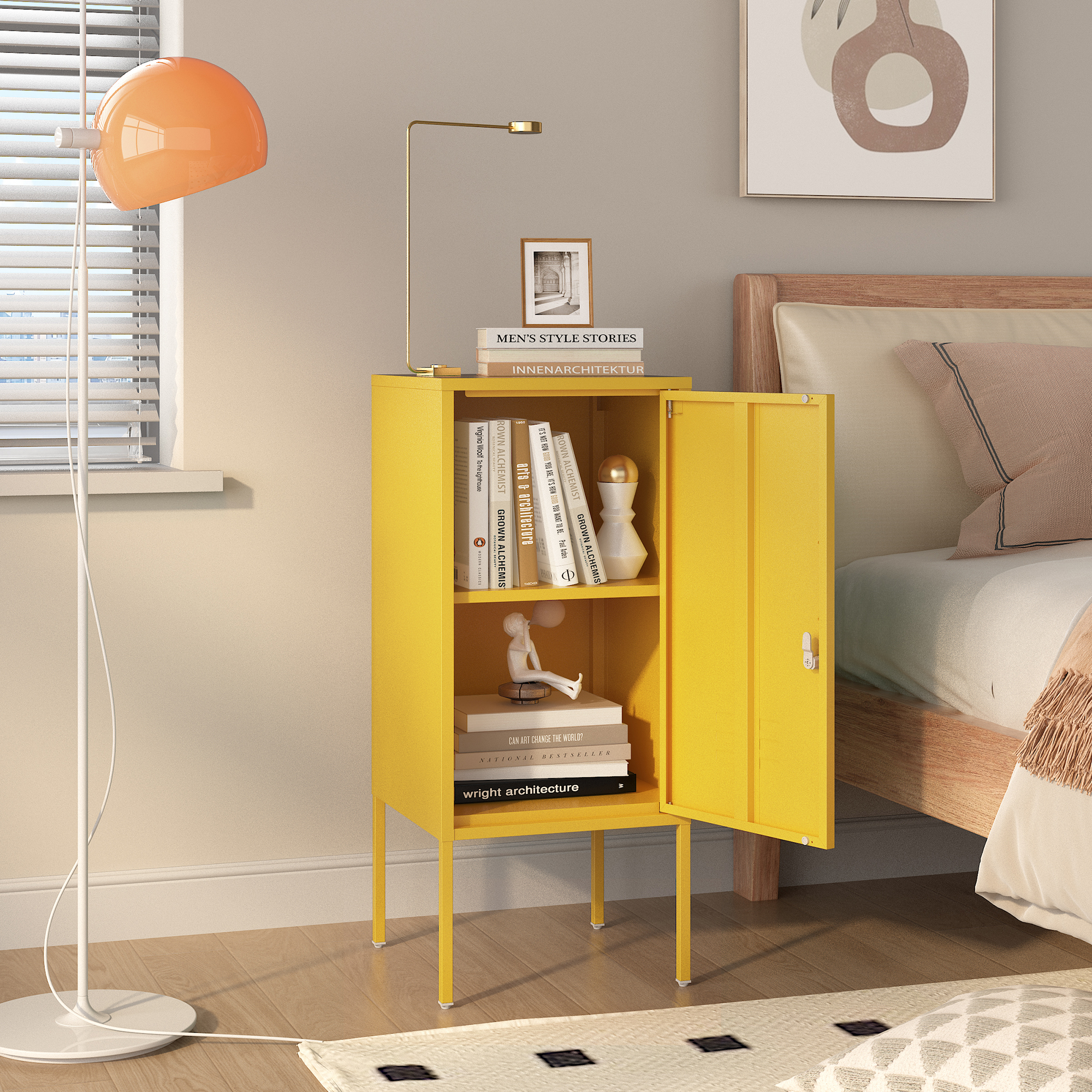 Noptieră metalică galbenă cu ușă încuiabilă, 82x35x35 cm