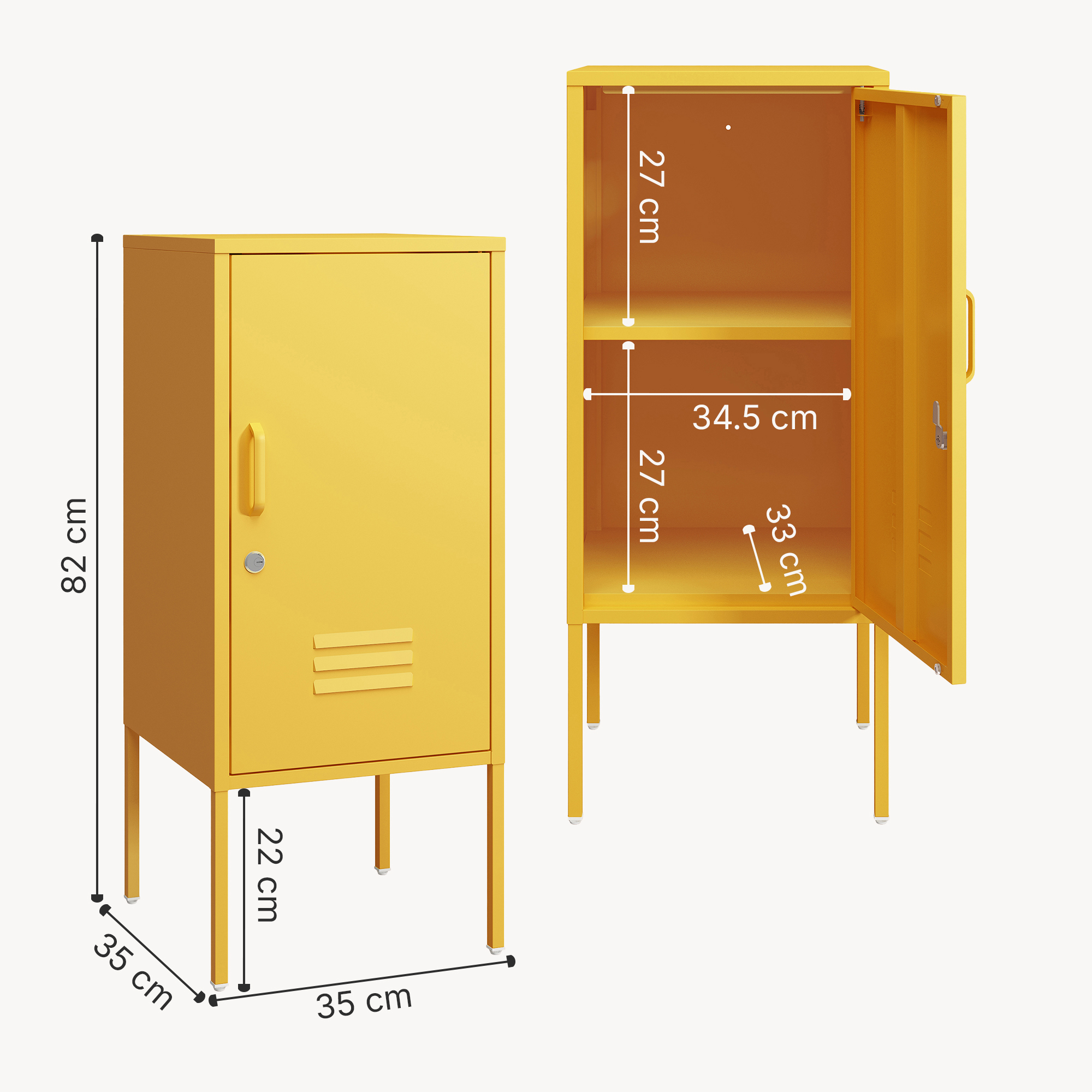 Noptieră metalică galbenă cu ușă încuiabilă, 82x35x35 cm