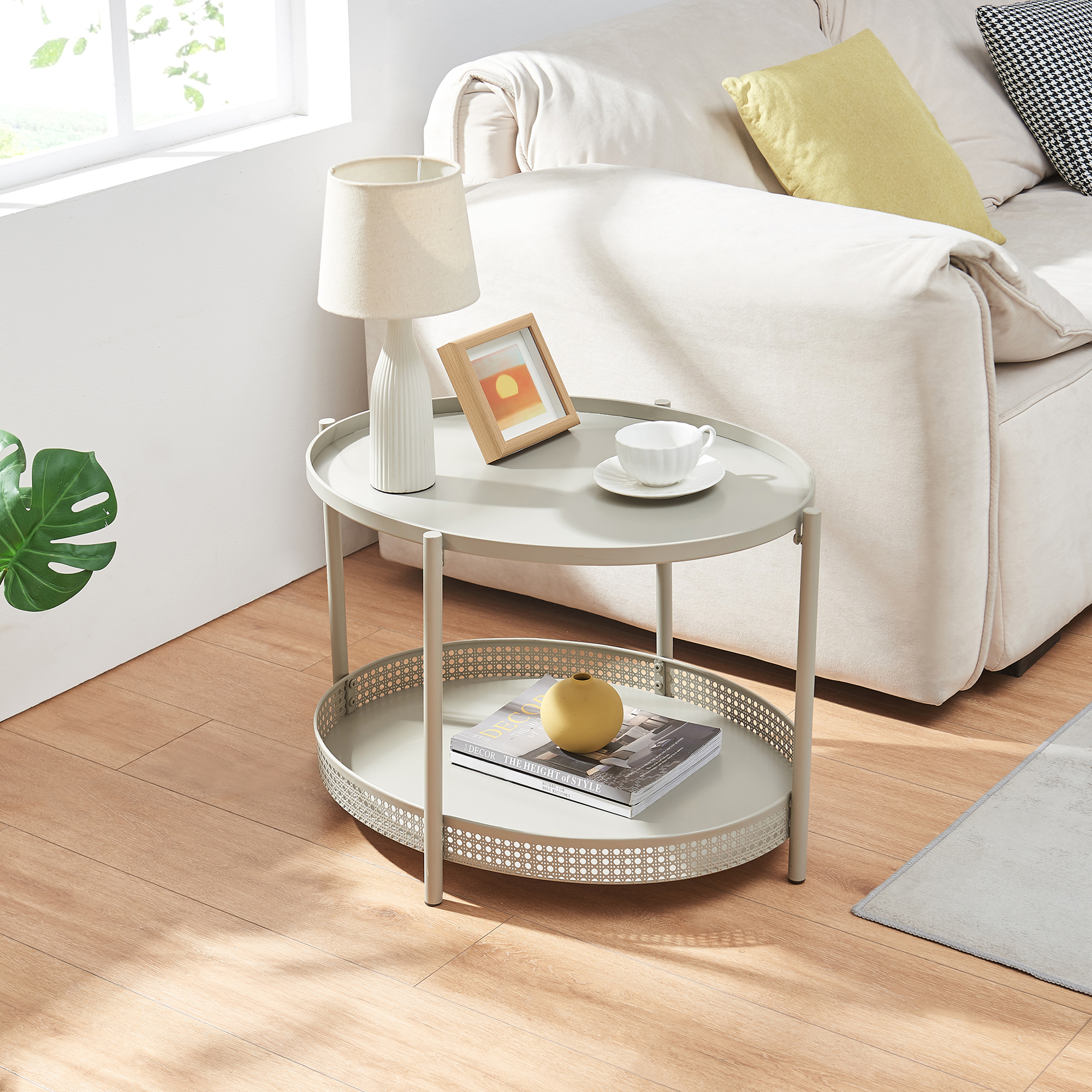 Masă de cafea metalică taupe cu poliță, 66x50,5x43,5 cm