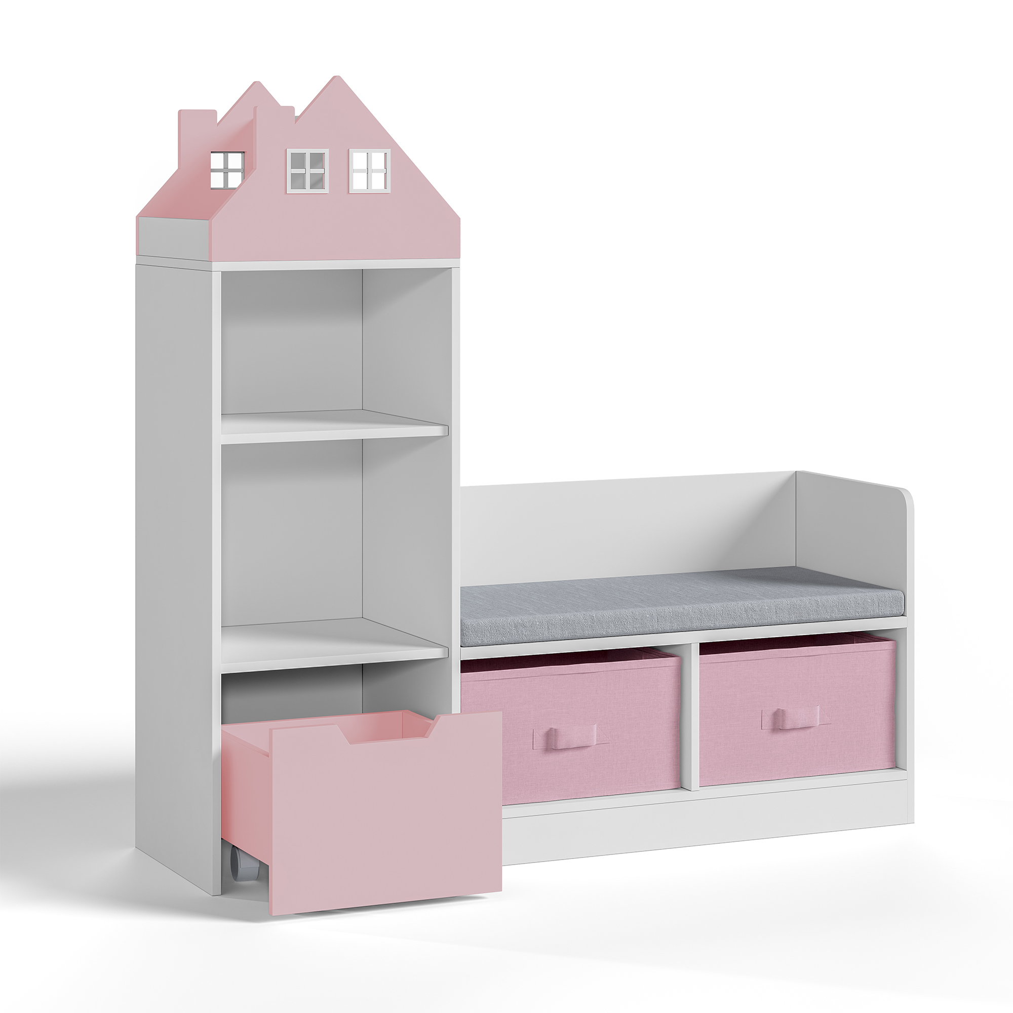 Bancă cu raft pentru copii Vipsali 100x99x30 cm, roz/alb