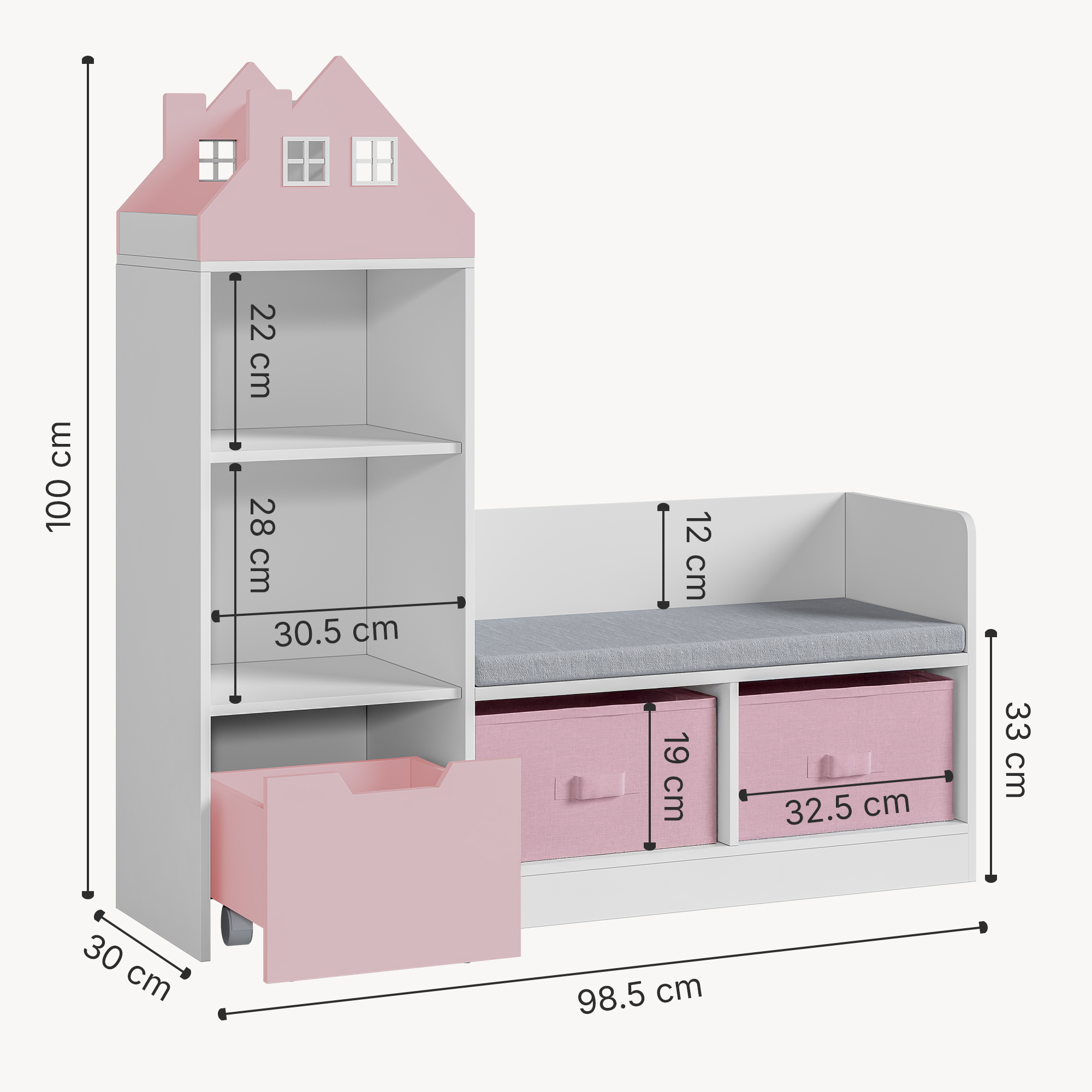 Bancă cu raft pentru copii Vipsali 100x99x30 cm, roz/alb