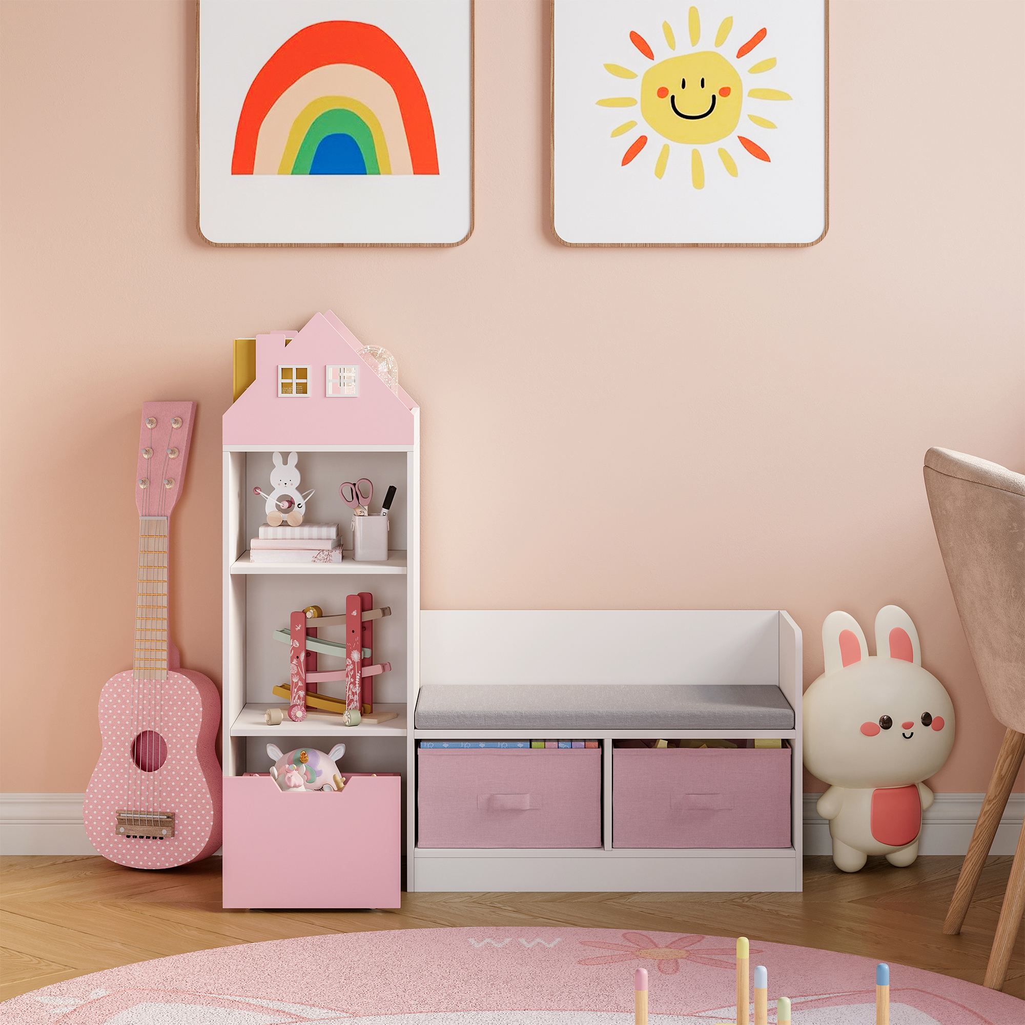 Bancă cu raft pentru copii Vipsali 100x99x30 cm, roz/alb