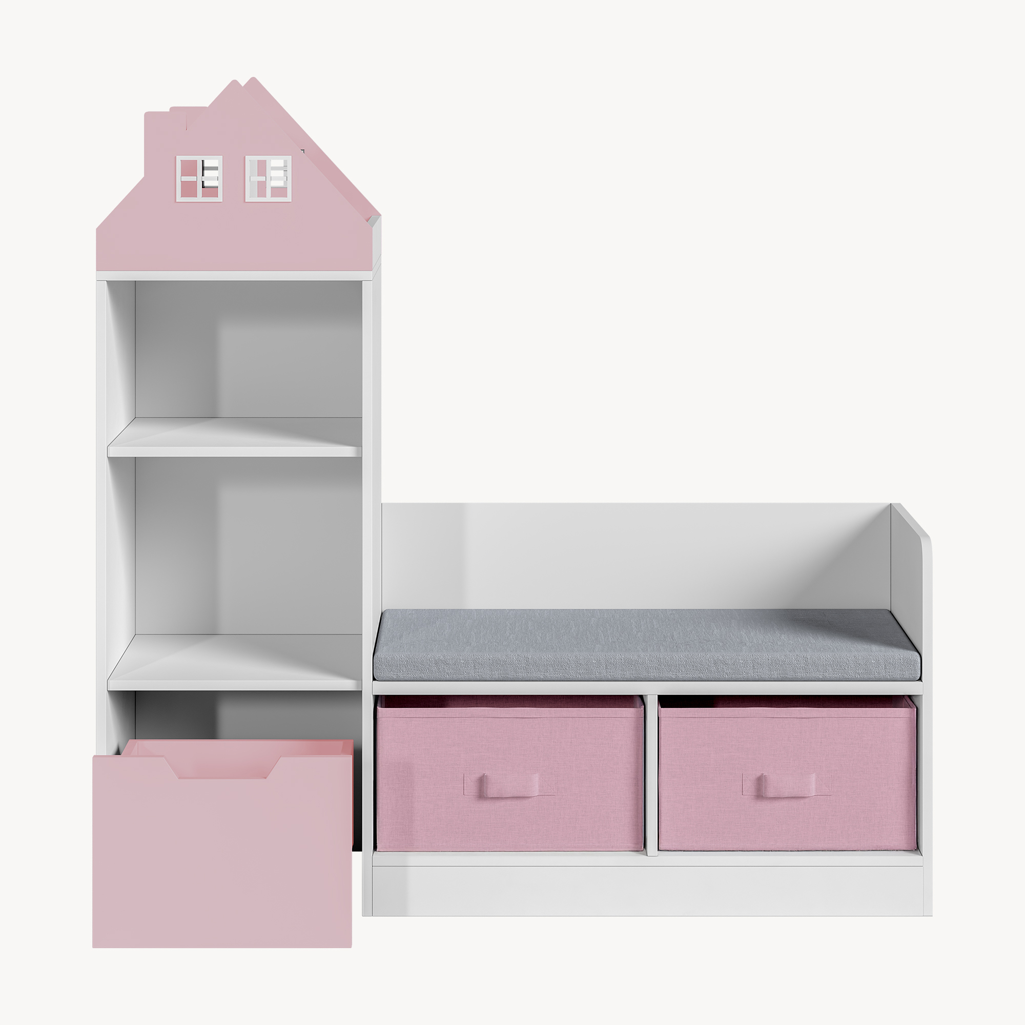 Bancă cu raft pentru copii Vipsali 100x99x30 cm, roz/alb