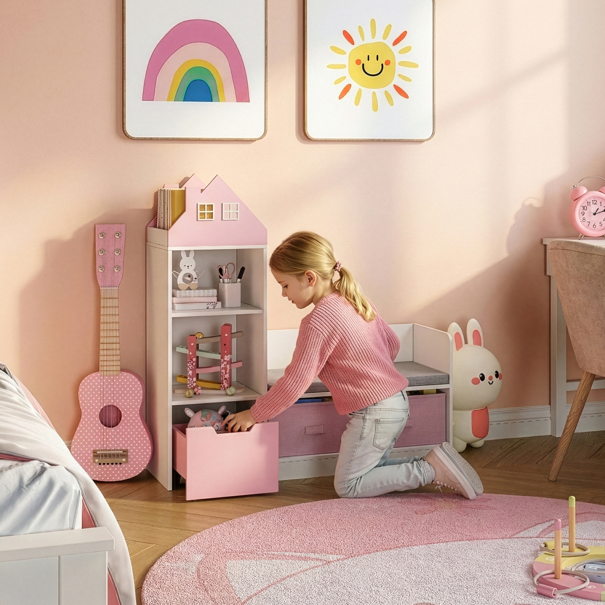 Bancă cu raft pentru copii Vipsali 100x99x30 cm, roz/alb