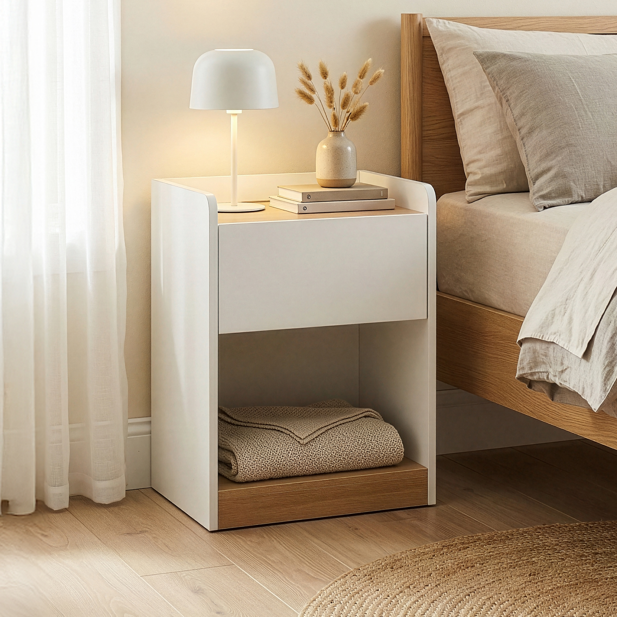 Noptieră Kuorshare cu sertar și poliță, alb stejar, 55x42x37 cm
