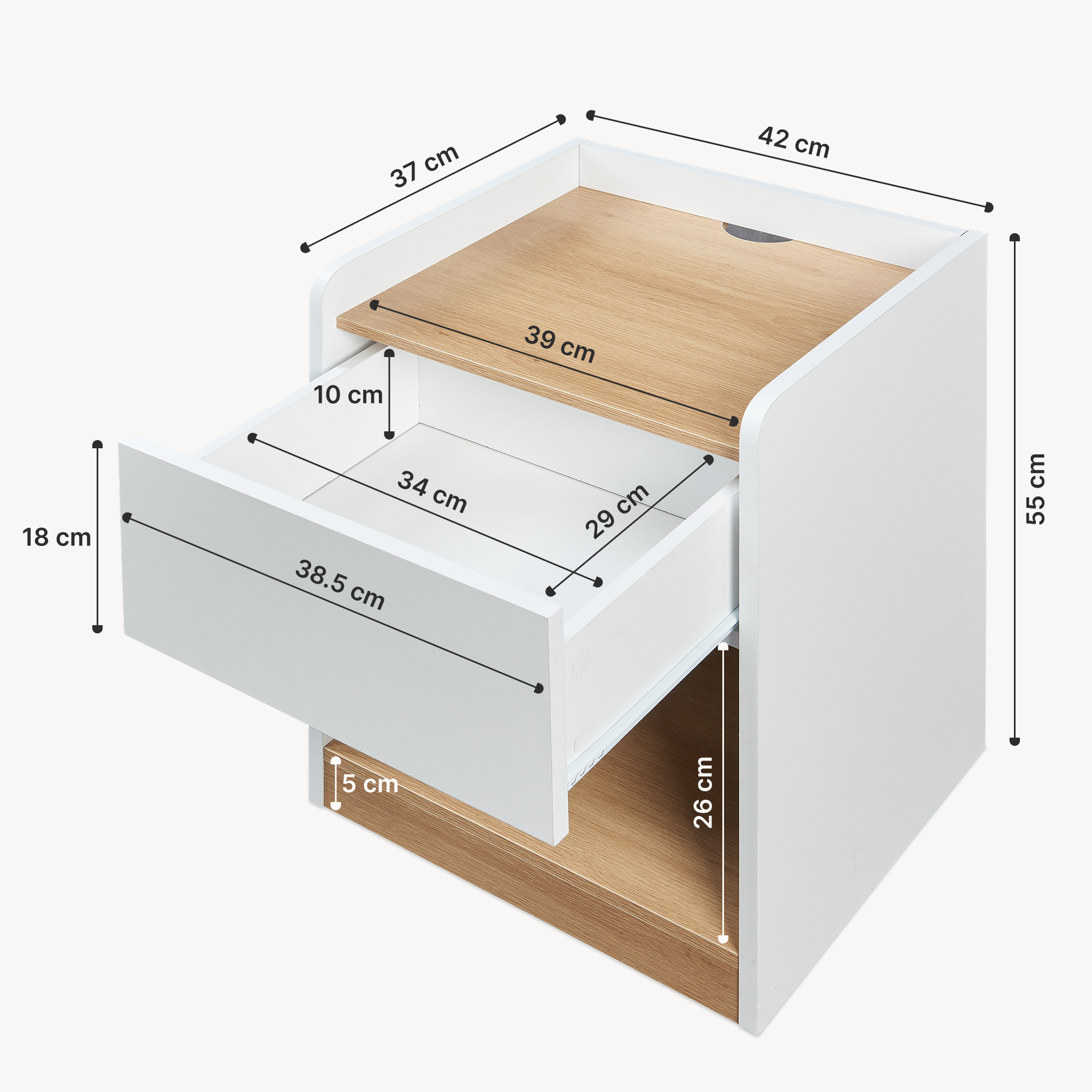 Noptieră Kuorshare cu sertar și poliță, alb stejar, 55x42x37 cm