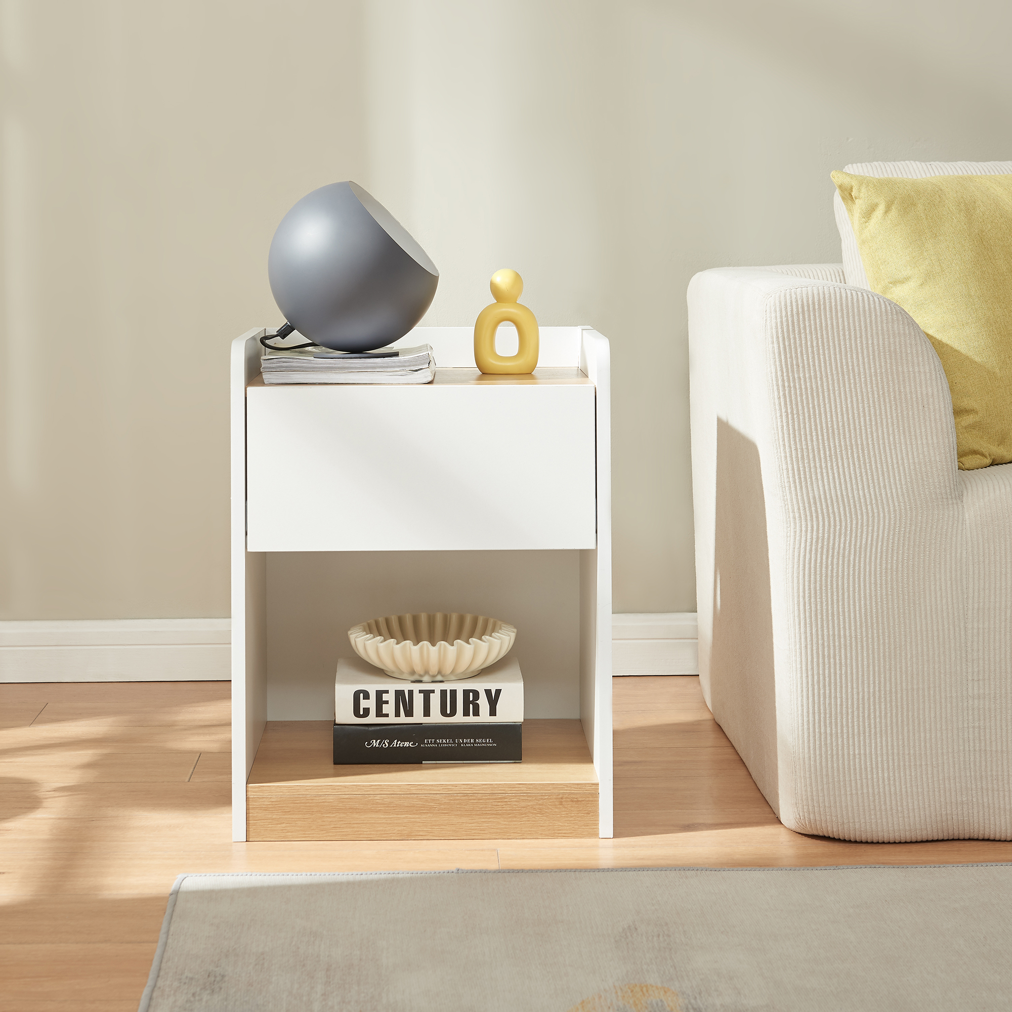 Noptieră Kuorshare cu sertar și poliță, alb stejar, 55x42x37 cm