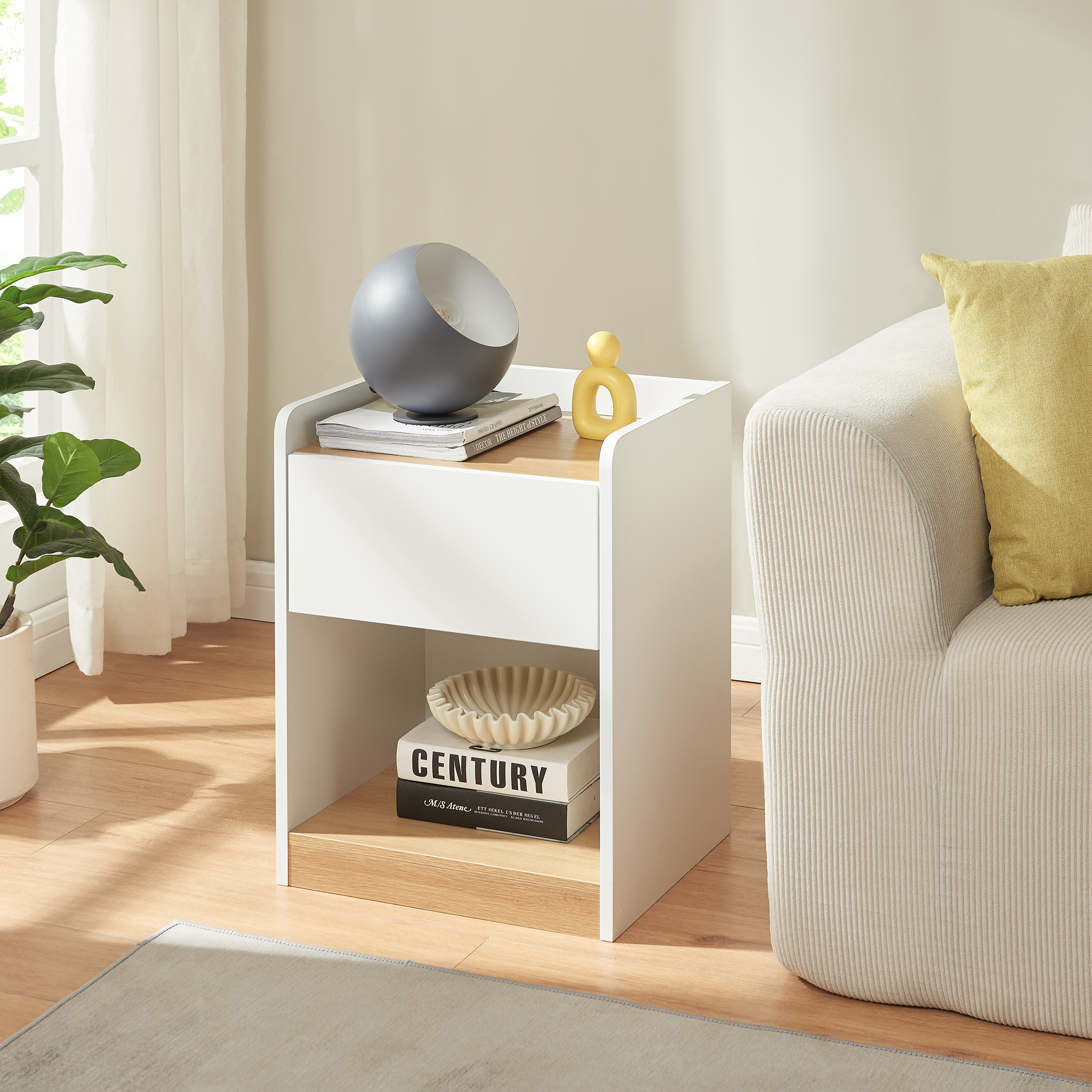 Noptieră Kuorshare cu sertar și poliță, alb stejar, 55x42x37 cm