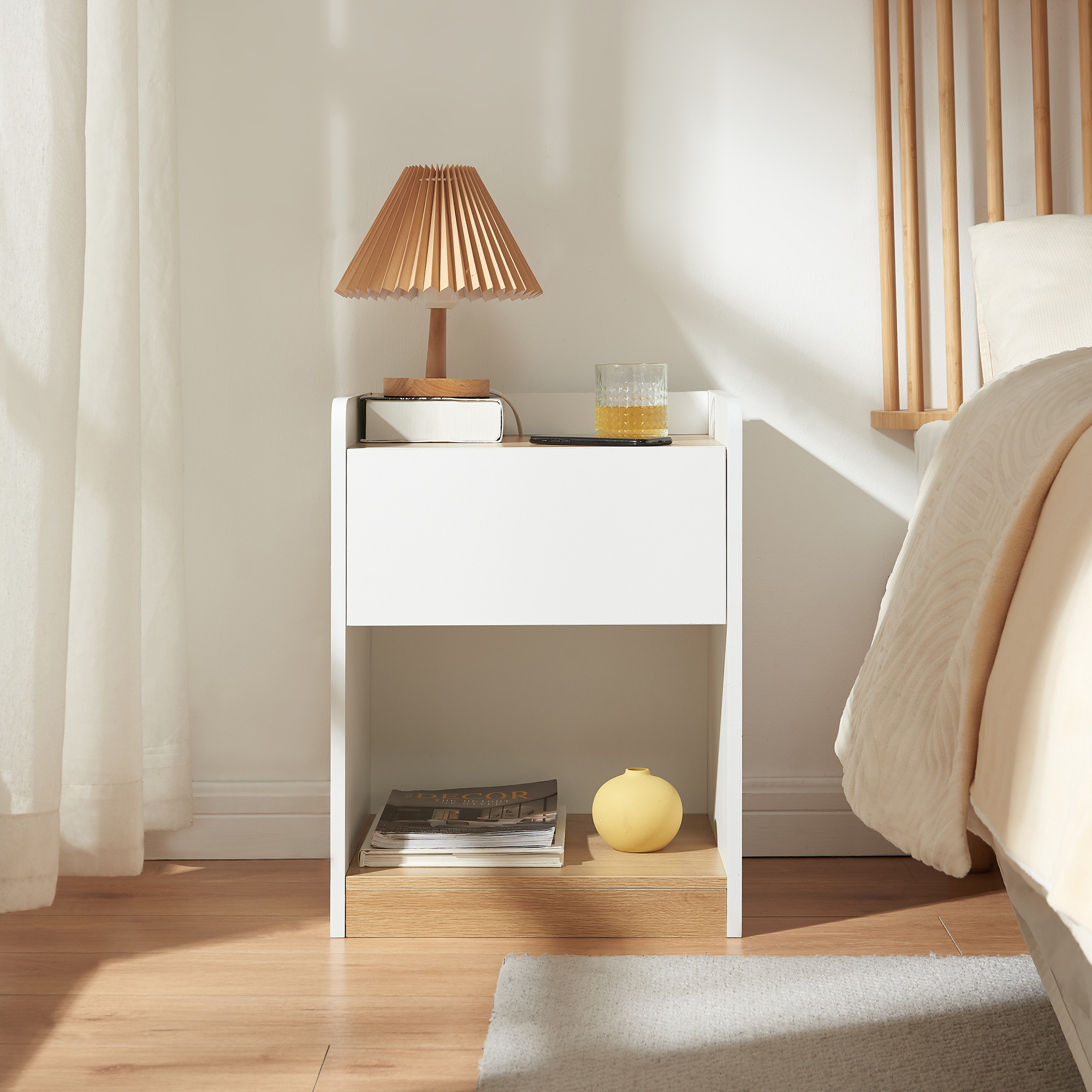 Noptieră Kuorshare cu sertar și poliță, alb stejar, 55x42x37 cm