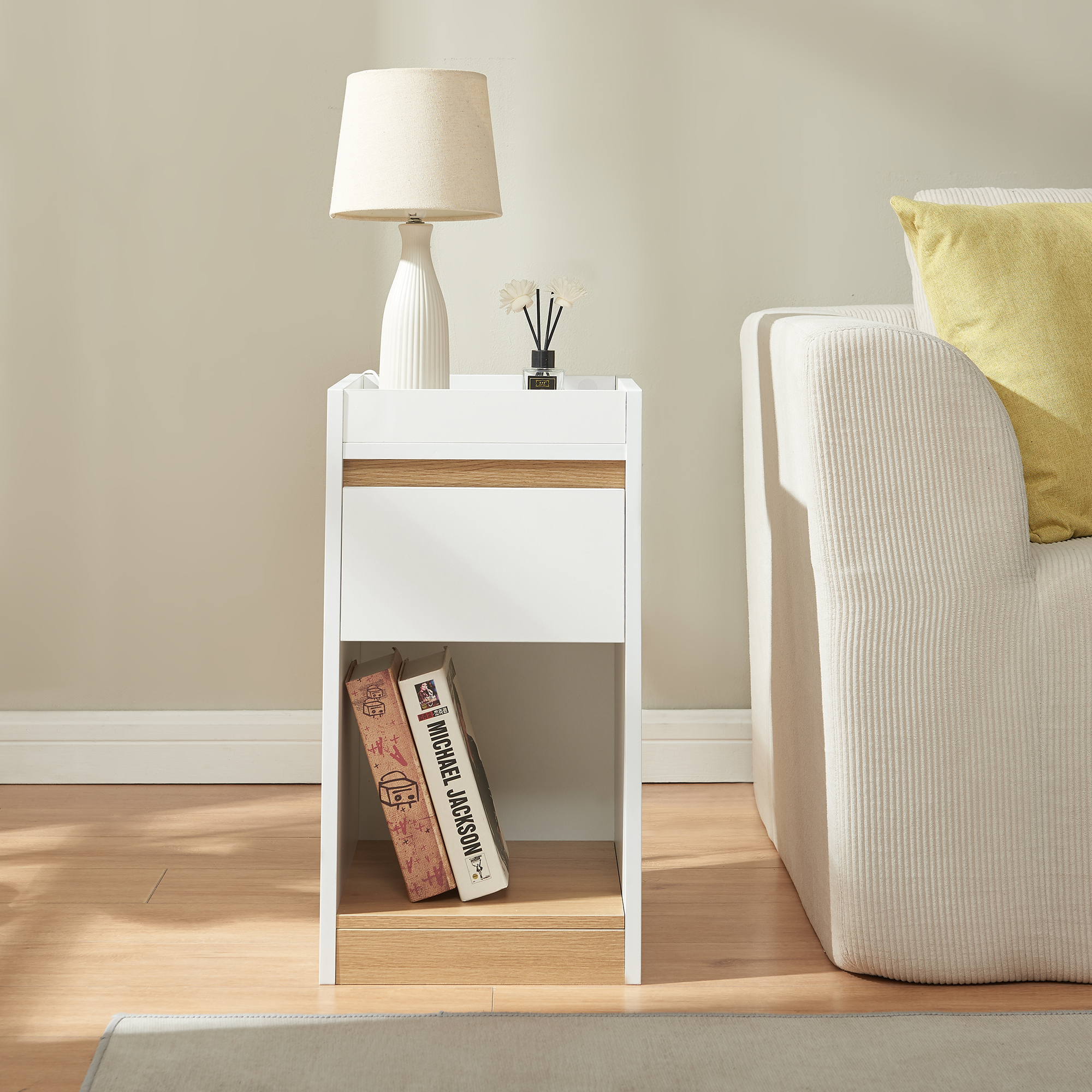 Noptieră Lure 55x30x35 cm alb cu aspect de stejar, cu sertar