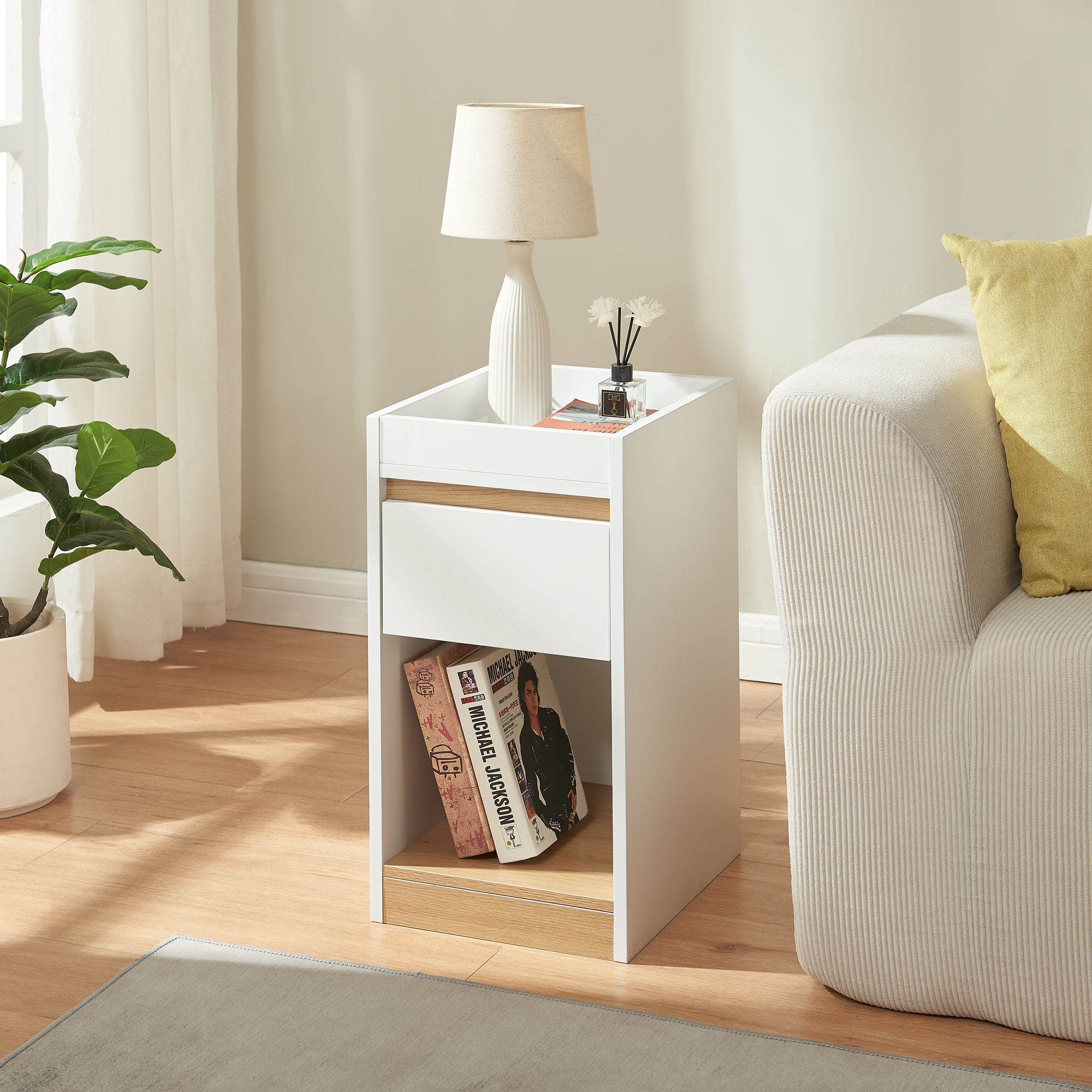 Noptieră Lure 55x30x35 cm alb cu aspect de stejar, cu sertar