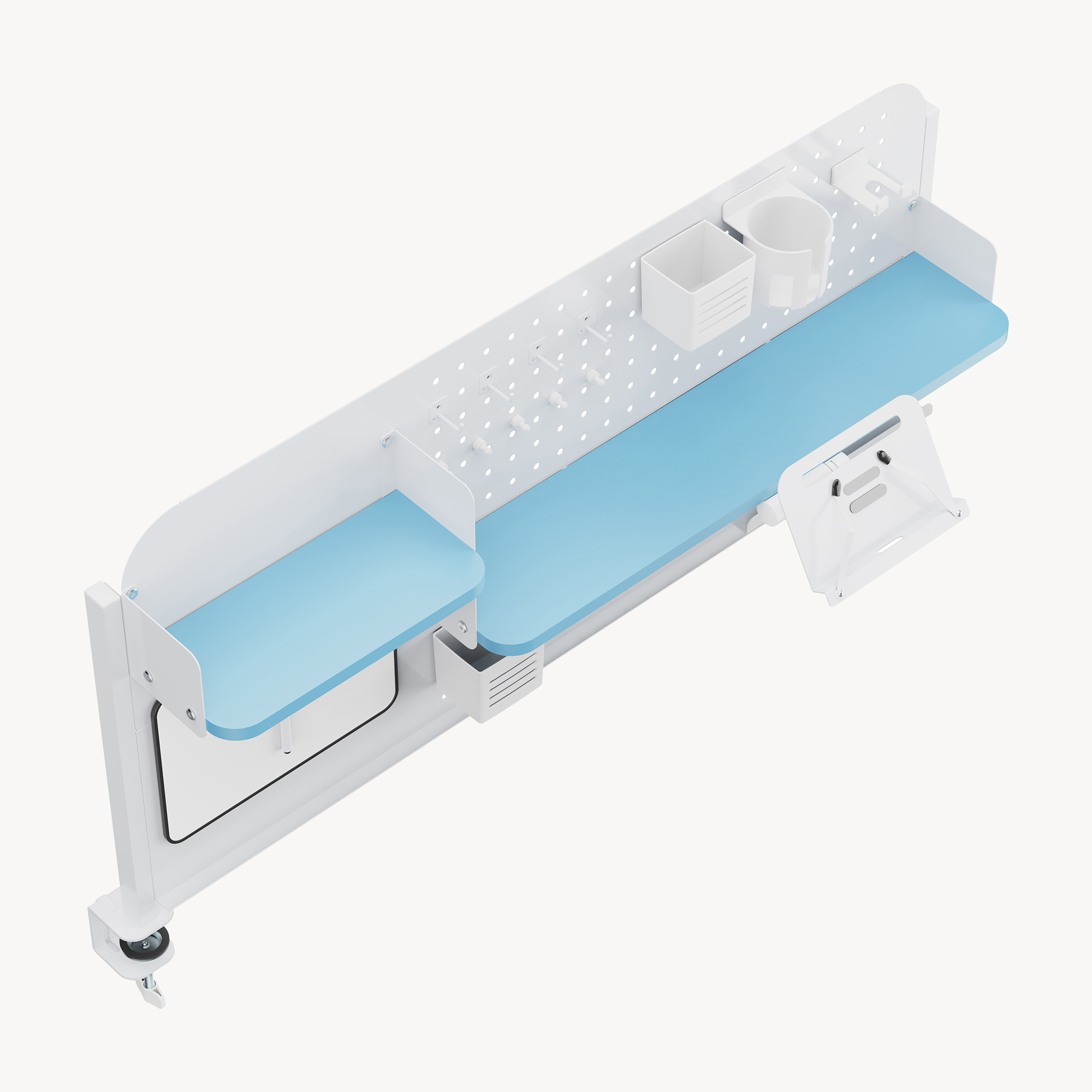 Organizer birou Sauda cu prindere pe blat, panou perforat, alb/albastru