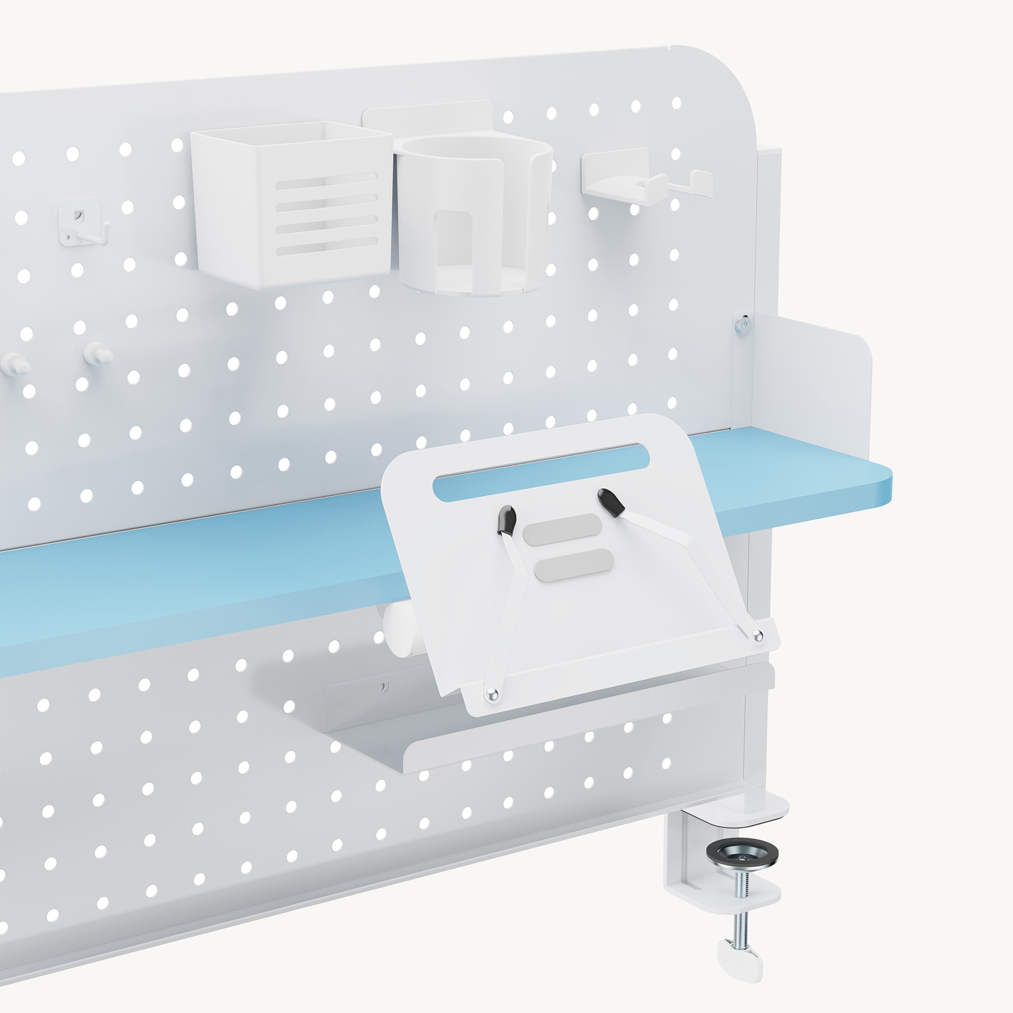 Organizer birou Sauda cu prindere pe blat, panou perforat, alb/albastru