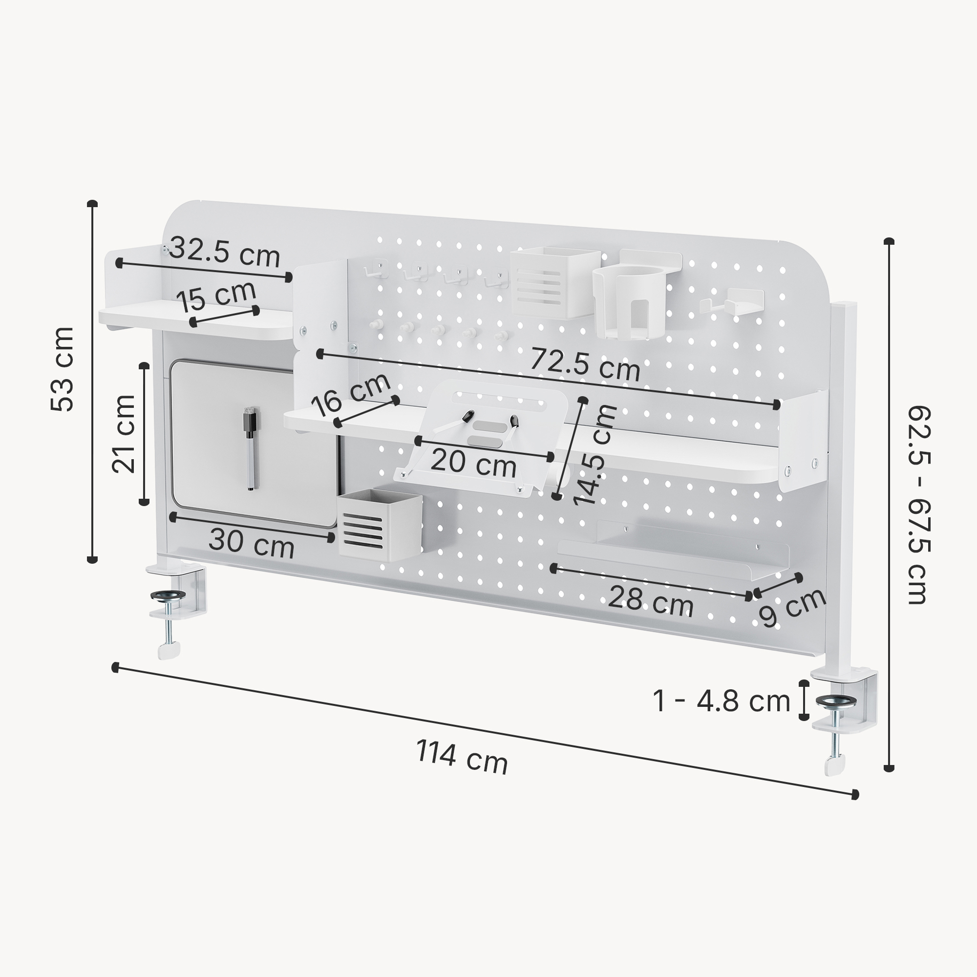 Organizer de birou cu prindere pe cleme Sauda 114x68 cm, alb