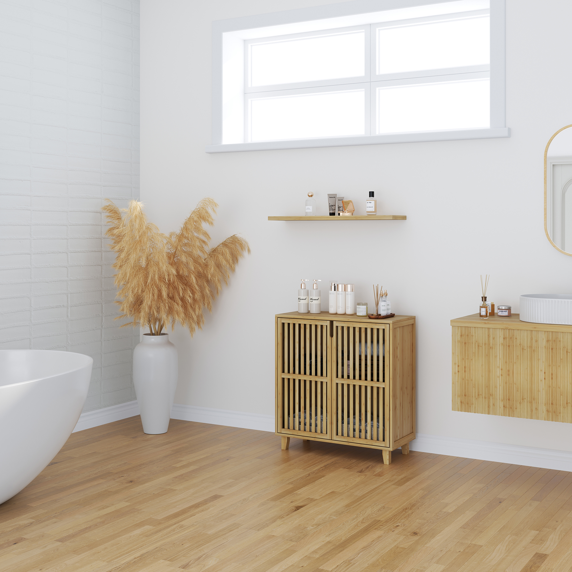 Dulap lateral Sirgerg din bambus natural, 77x72x33 cm, 2 uși