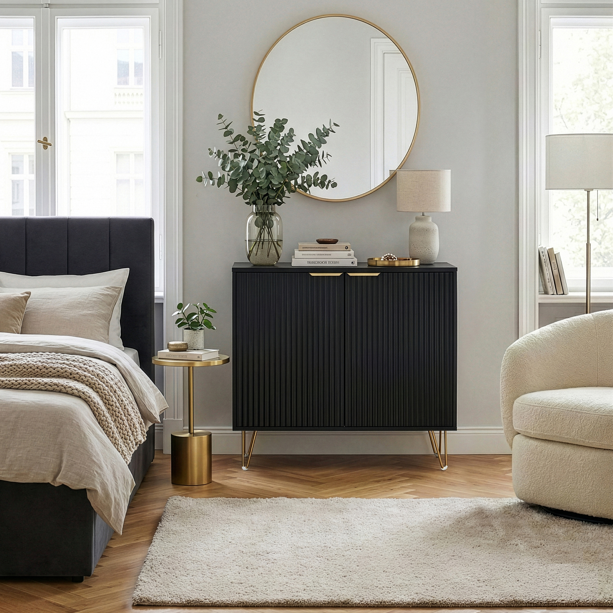 Comodă auxiliară neagră cu uși riflate și picioare metalice 80 cm