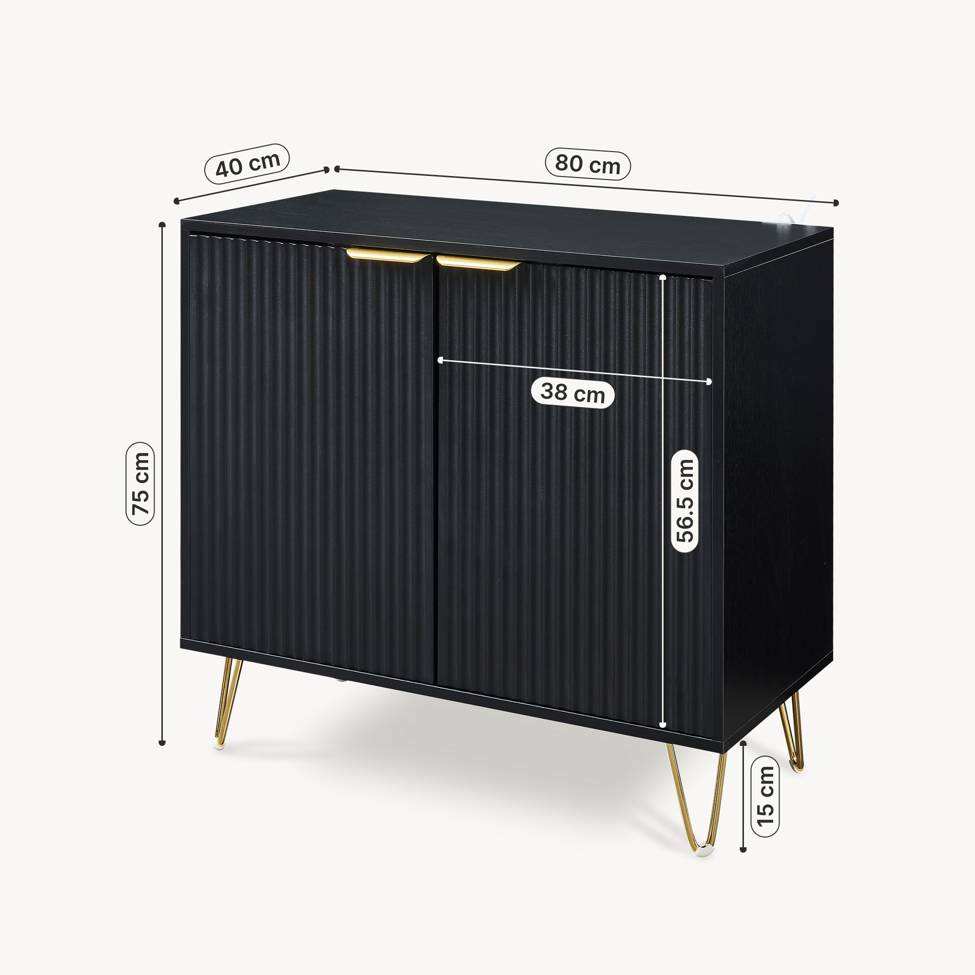 Comodă auxiliară neagră cu uși riflate și picioare metalice 80 cm