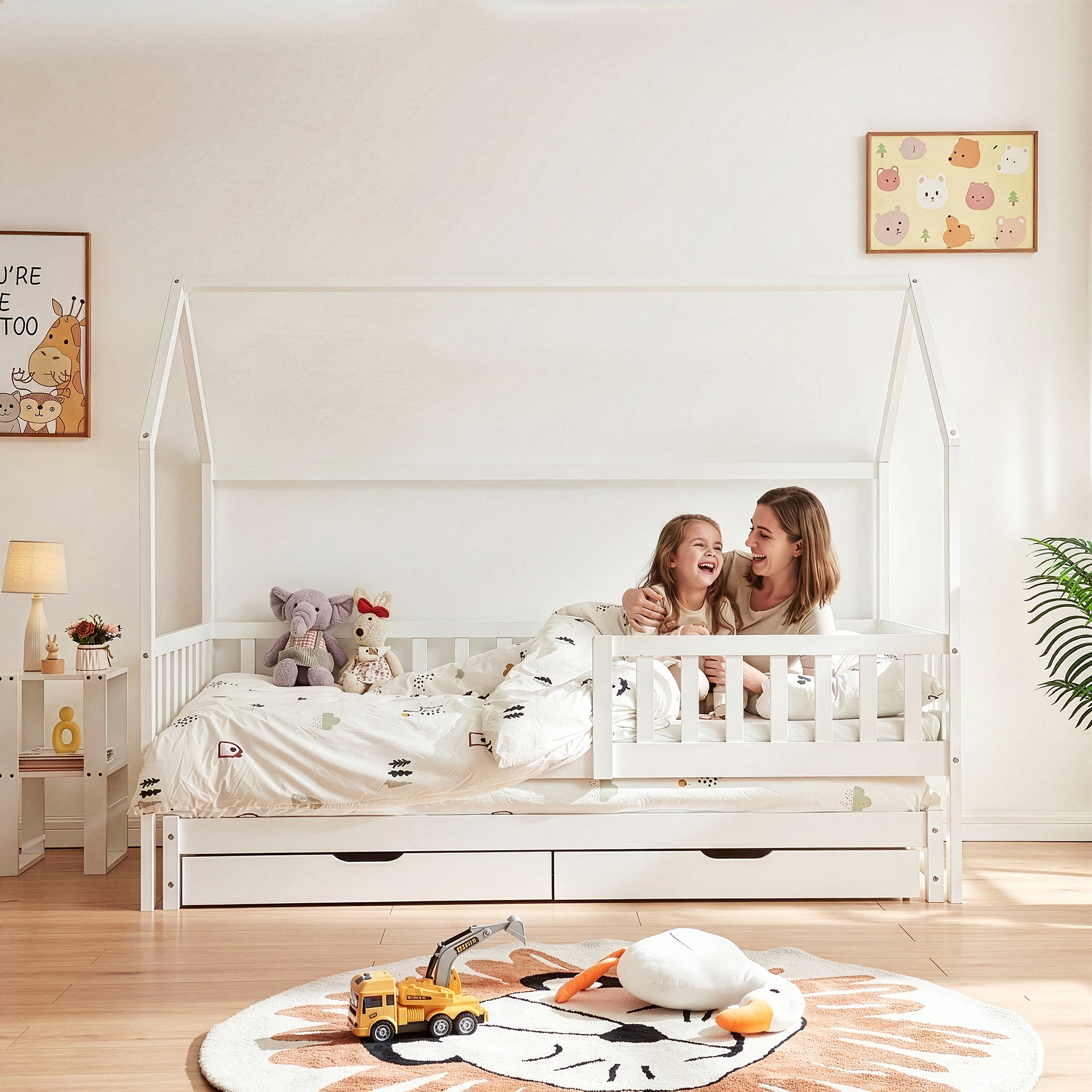 Pat copii dublu tip căsuță 90x200 cm, alb, din lemn de pin