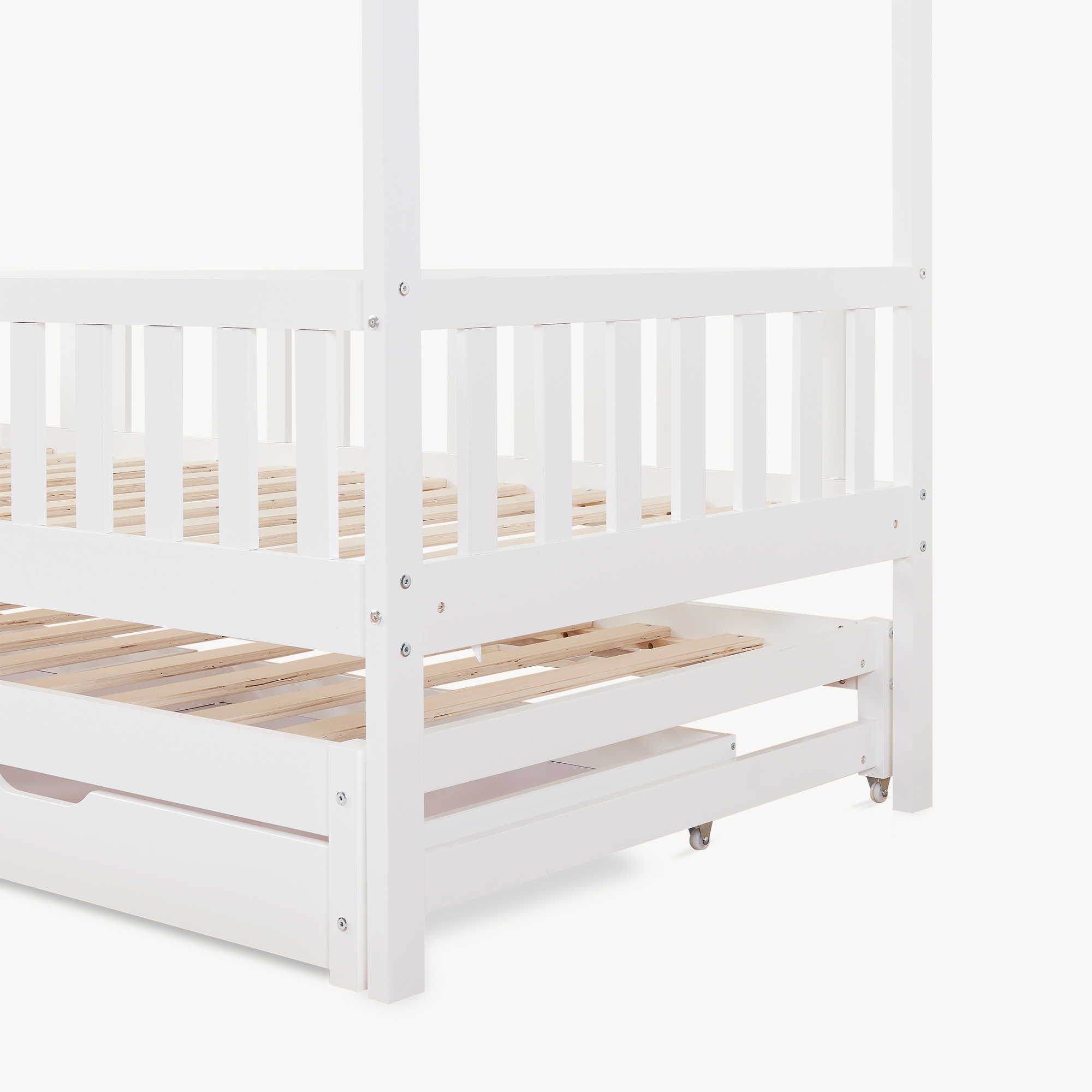 Pat copii dublu tip căsuță 90x200 cm, alb, din lemn de pin