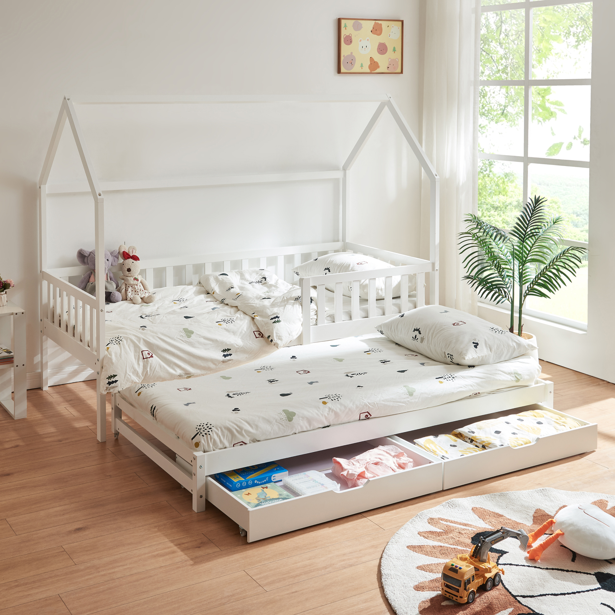 Pat copii dublu tip căsuță 90x200 cm, alb, din lemn de pin