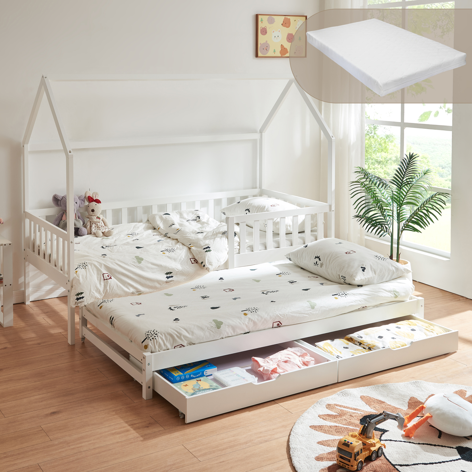 Pat copii dublu tip căsuță cu saltea 90x200, sertare și pat extensibil, alb