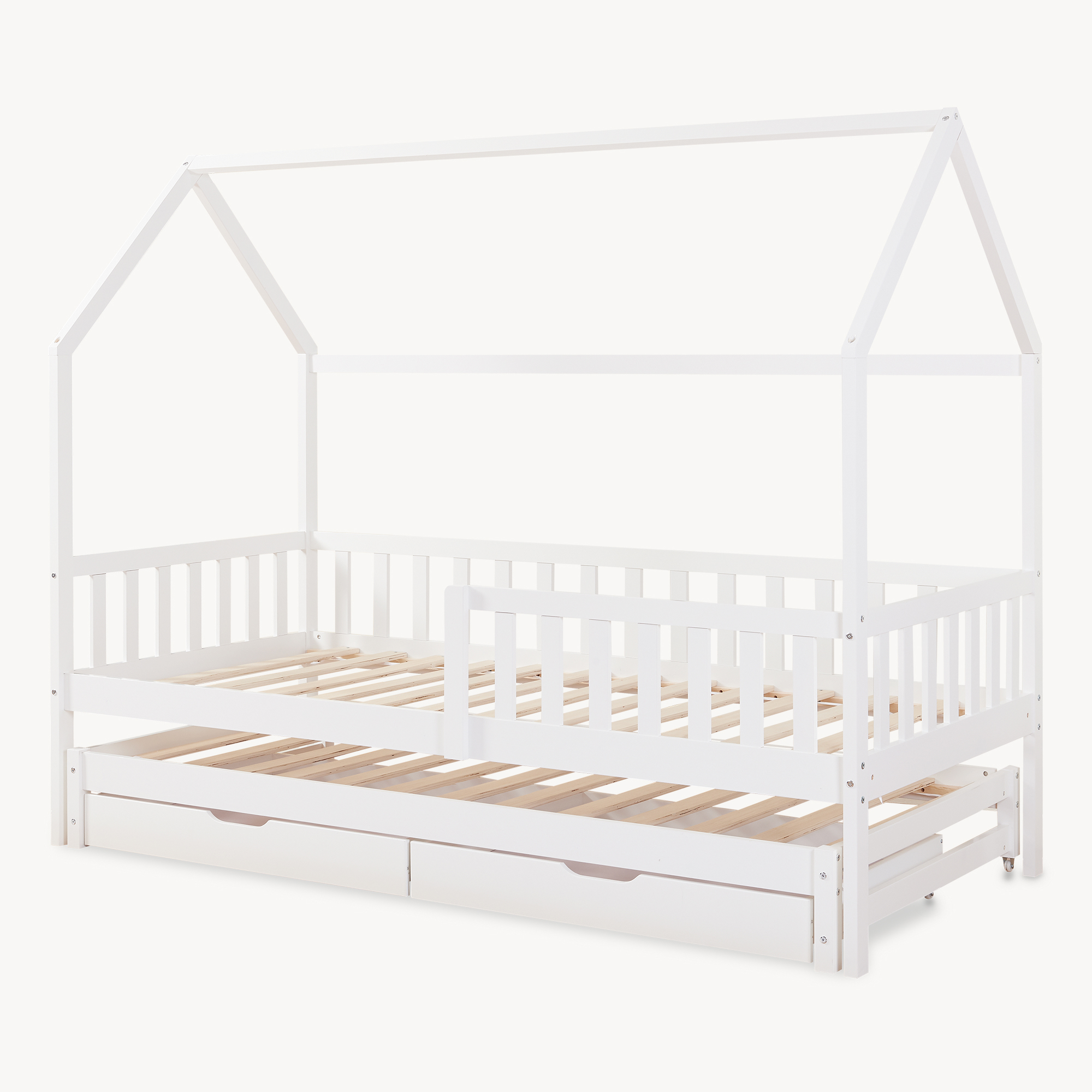 Pat copii dublu tip căsuță cu saltea 90x200, sertare și pat extensibil, alb
