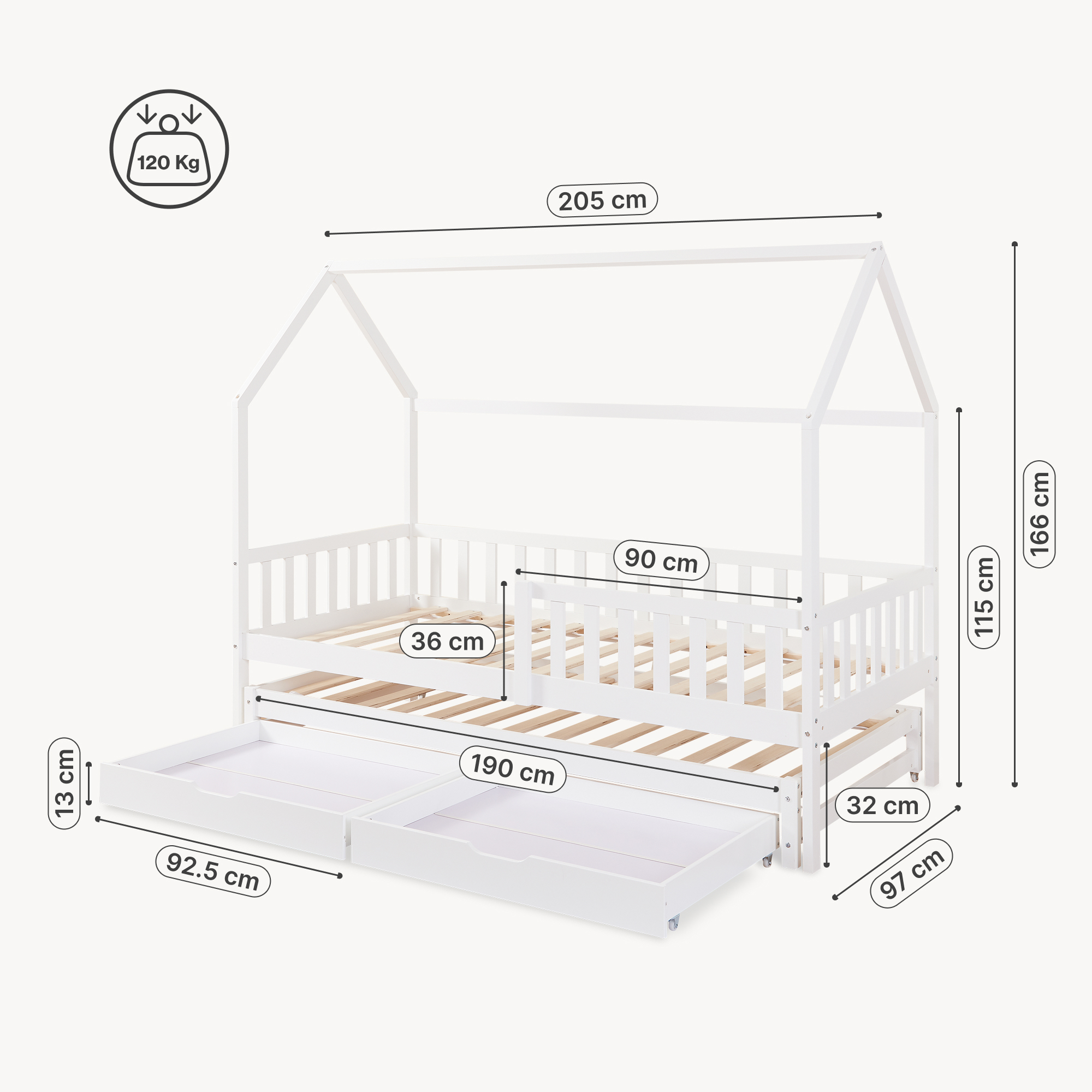 Pat copii dublu tip căsuță cu saltea 90x200, sertare și pat extensibil, alb