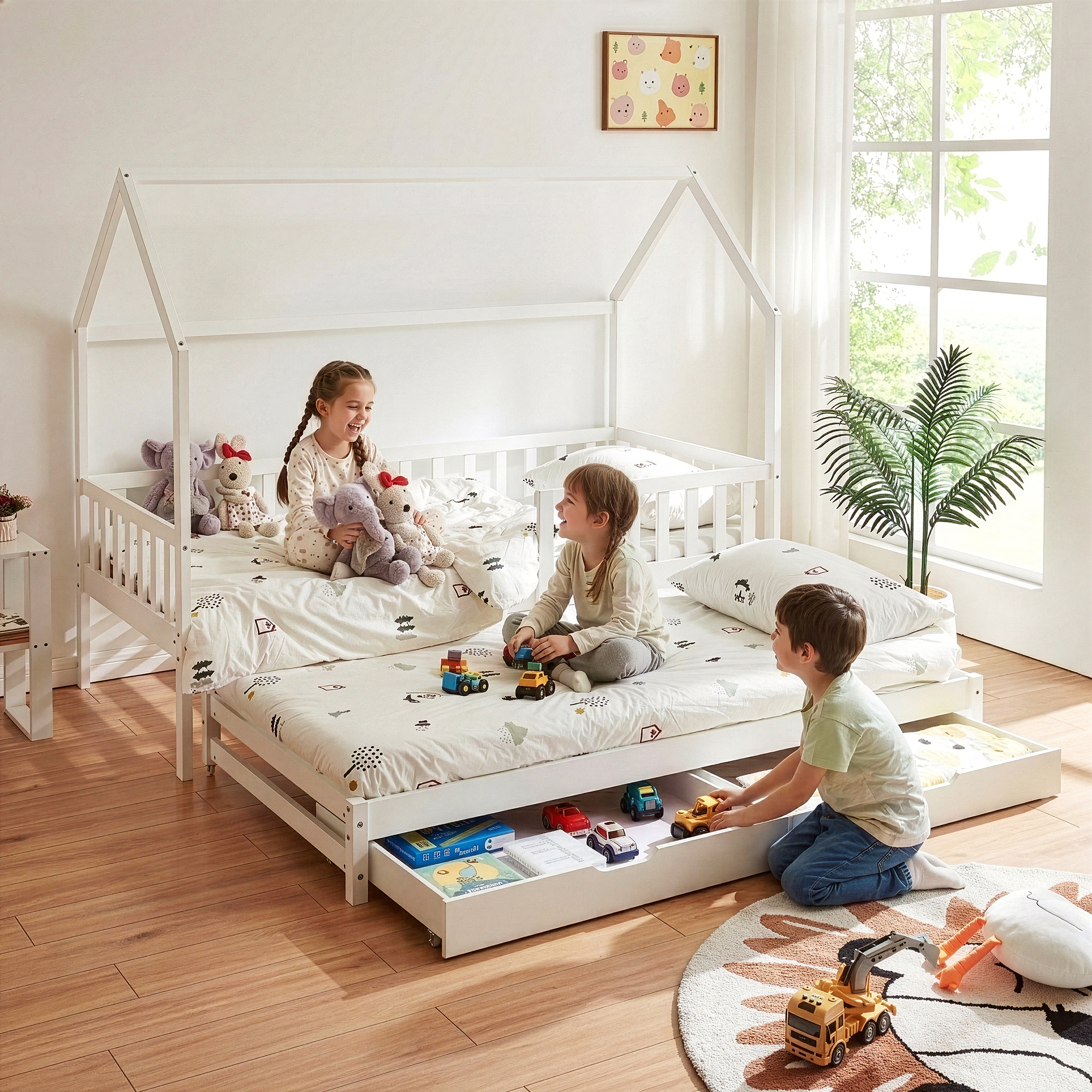 Pat copii dublu tip căsuță cu saltea 90x200, sertare și pat extensibil, alb