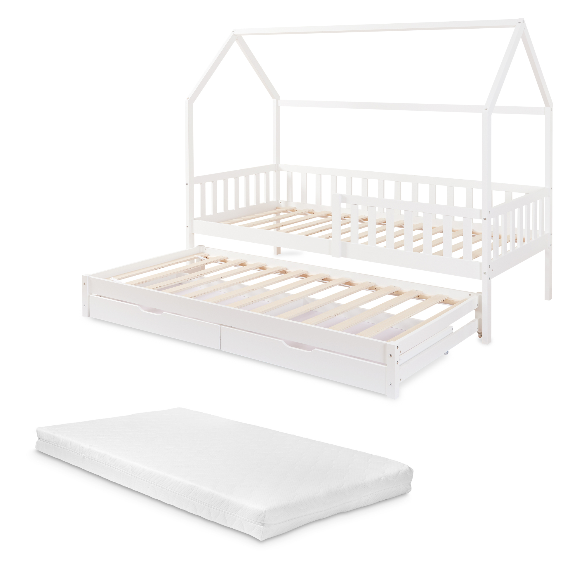 Pat copii dublu tip căsuță cu saltea 90x200, sertare și pat extensibil, alb