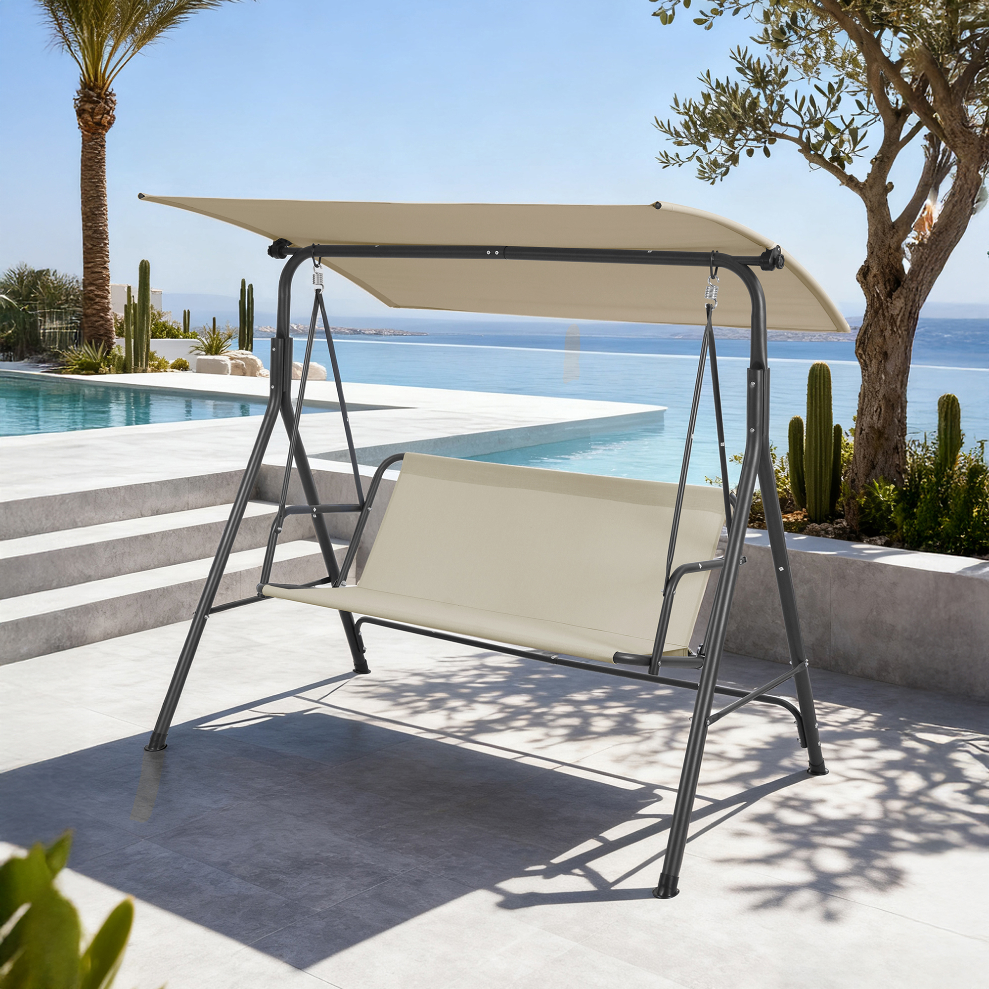 Leagăn de grădină 3 locuri cu acoperiș reglabil, gri/bej, 173 cm