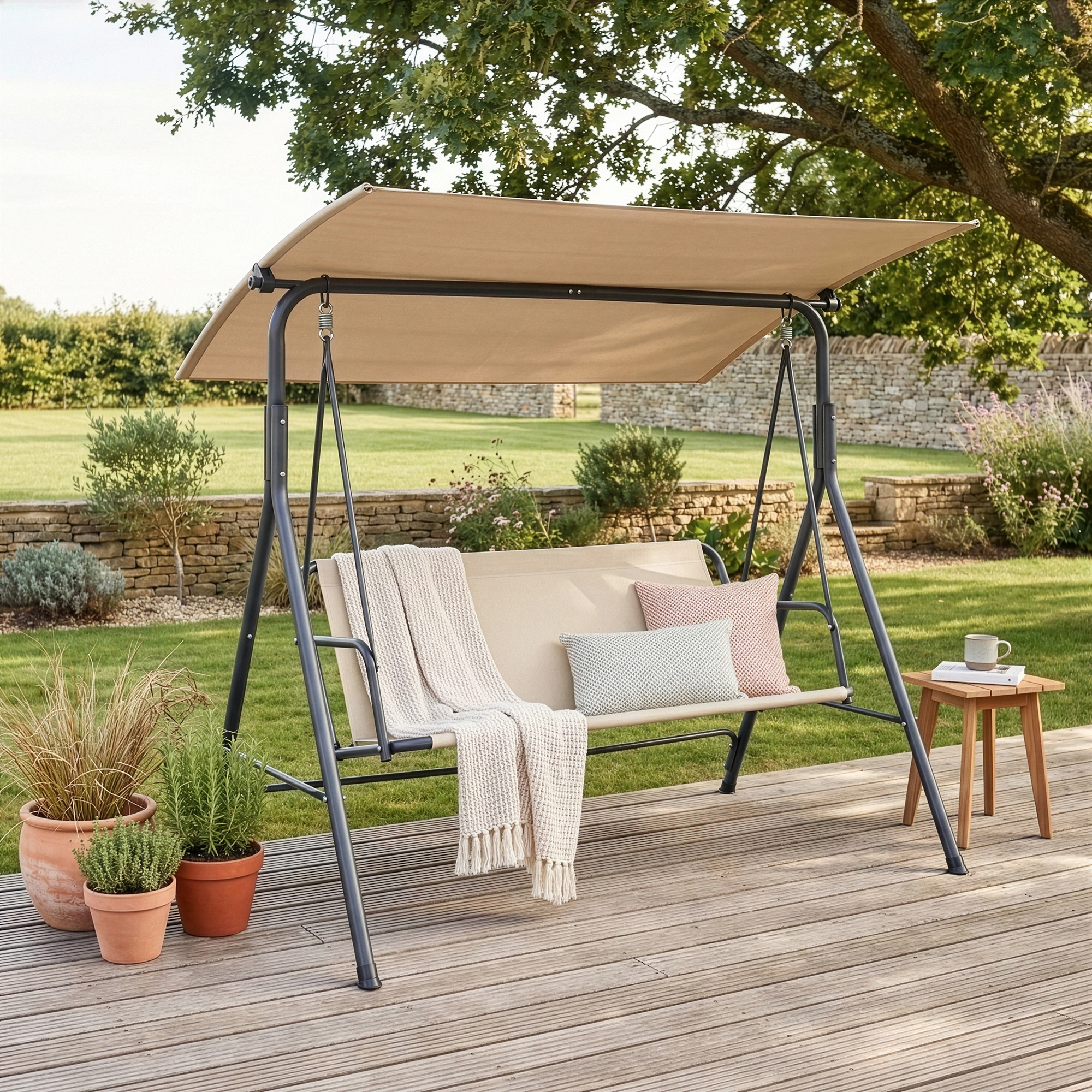 Leagăn de grădină 3 locuri cu acoperiș reglabil, gri/bej, 173 cm