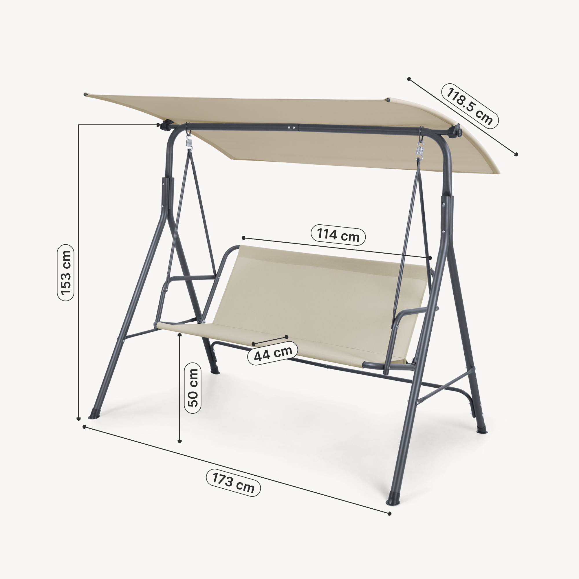 Leagăn de grădină 3 locuri cu acoperiș reglabil, gri/bej, 173 cm