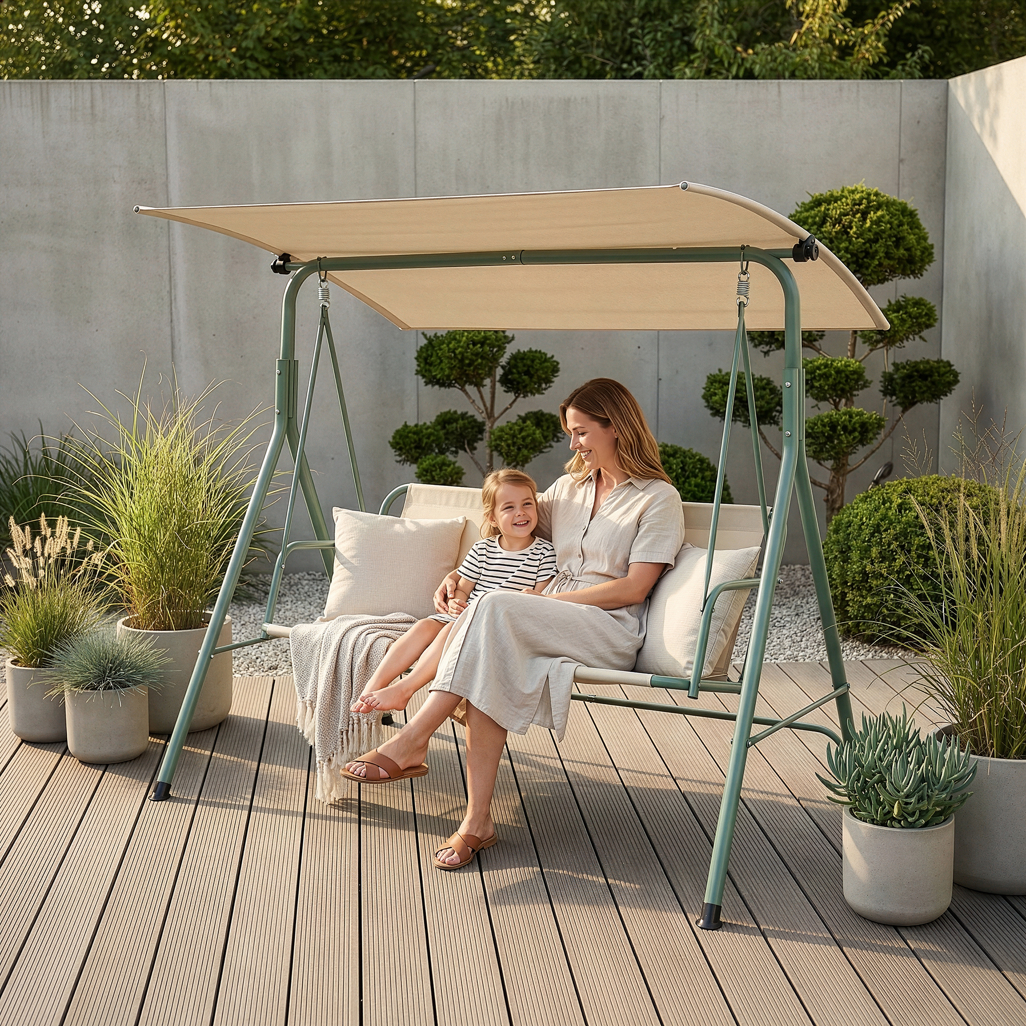 Bancă leagăn de grădină 3 locuri cu copertină, verde deschis/bej