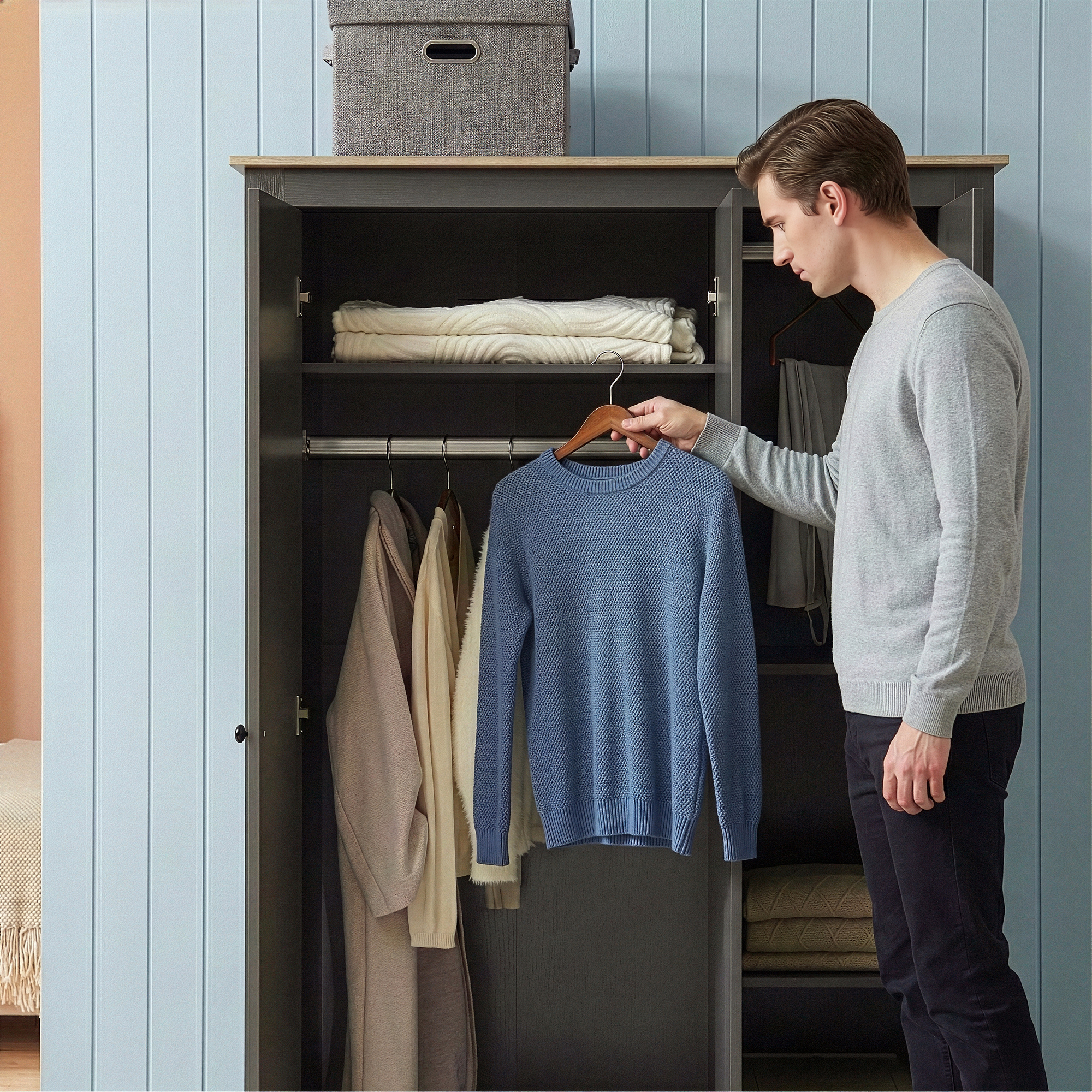 Dulap pentru haine Vasand 175x120x52 cm gri cu aspect stejar