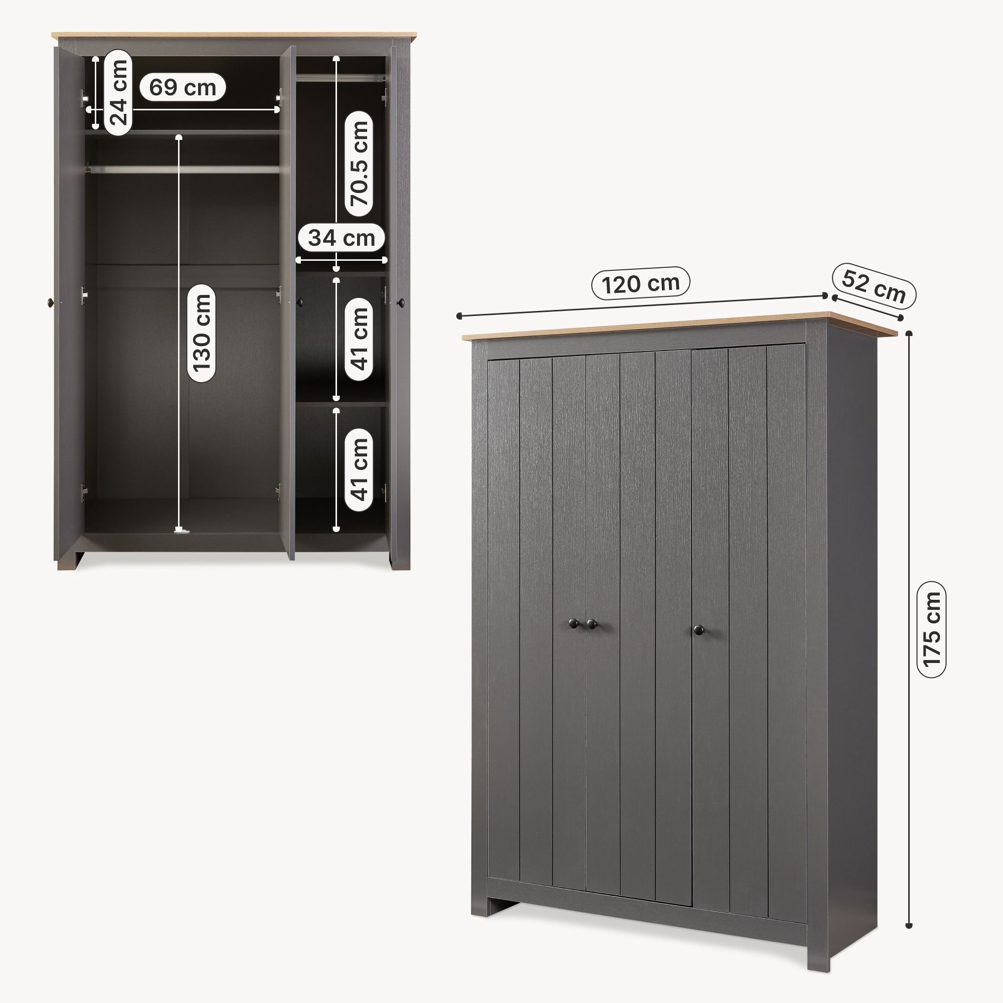 Dulap pentru haine Vasand 175x120x52 cm gri cu aspect stejar