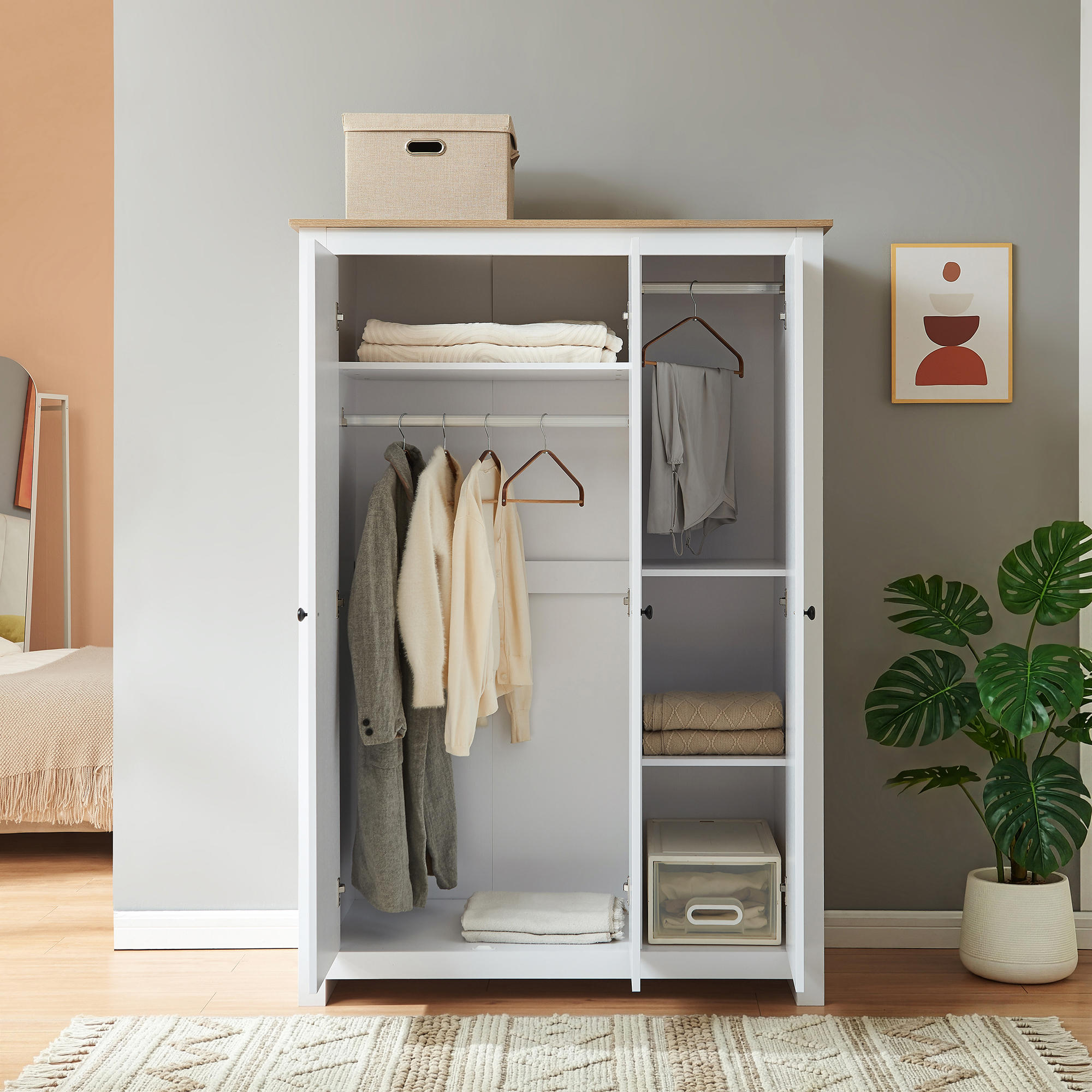 Dulap pentru haine Vasand cu 3 uși, alb și stejar, 175x120x52 cm