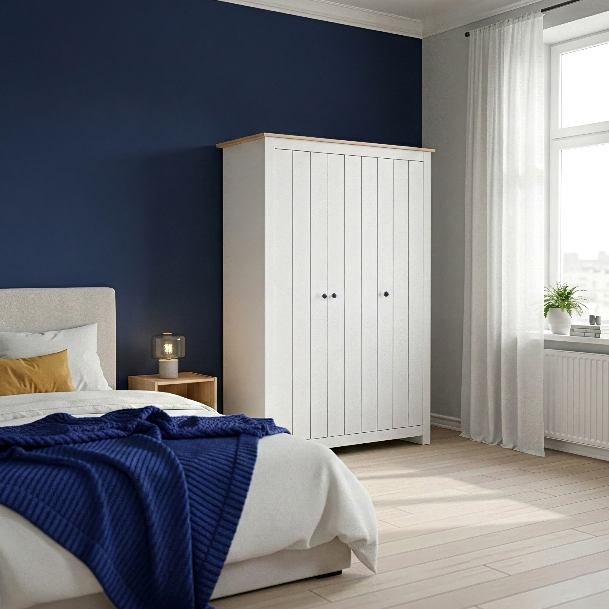 Dulap pentru haine Vasand cu 3 uși, alb și stejar, 175x120x52 cm