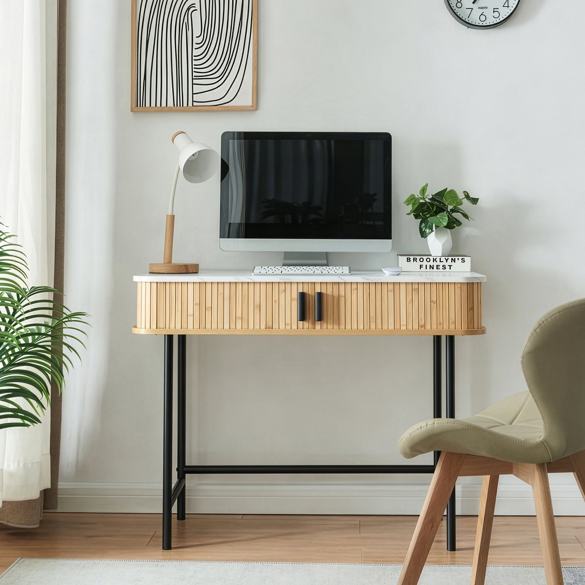 Consolă hol Tvedestrand 100x50x76 cm, alb marmură și lemn