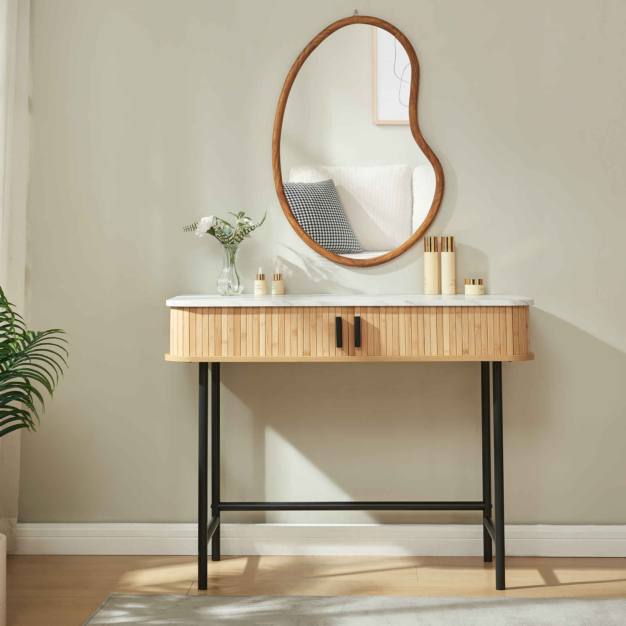 Consolă hol Tvedestrand 100x50x76 cm, alb marmură și lemn