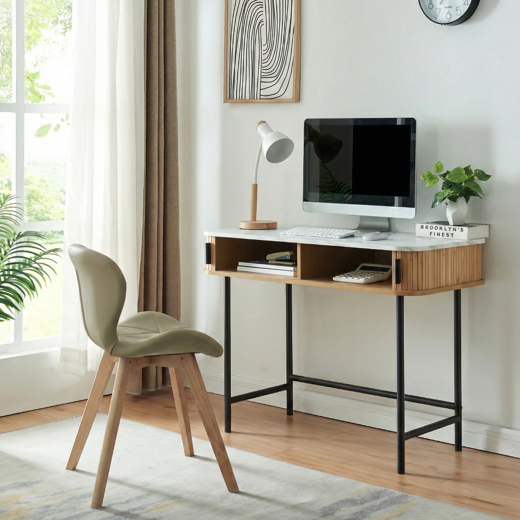 Consolă hol Tvedestrand 100x50x76 cm, alb marmură și lemn