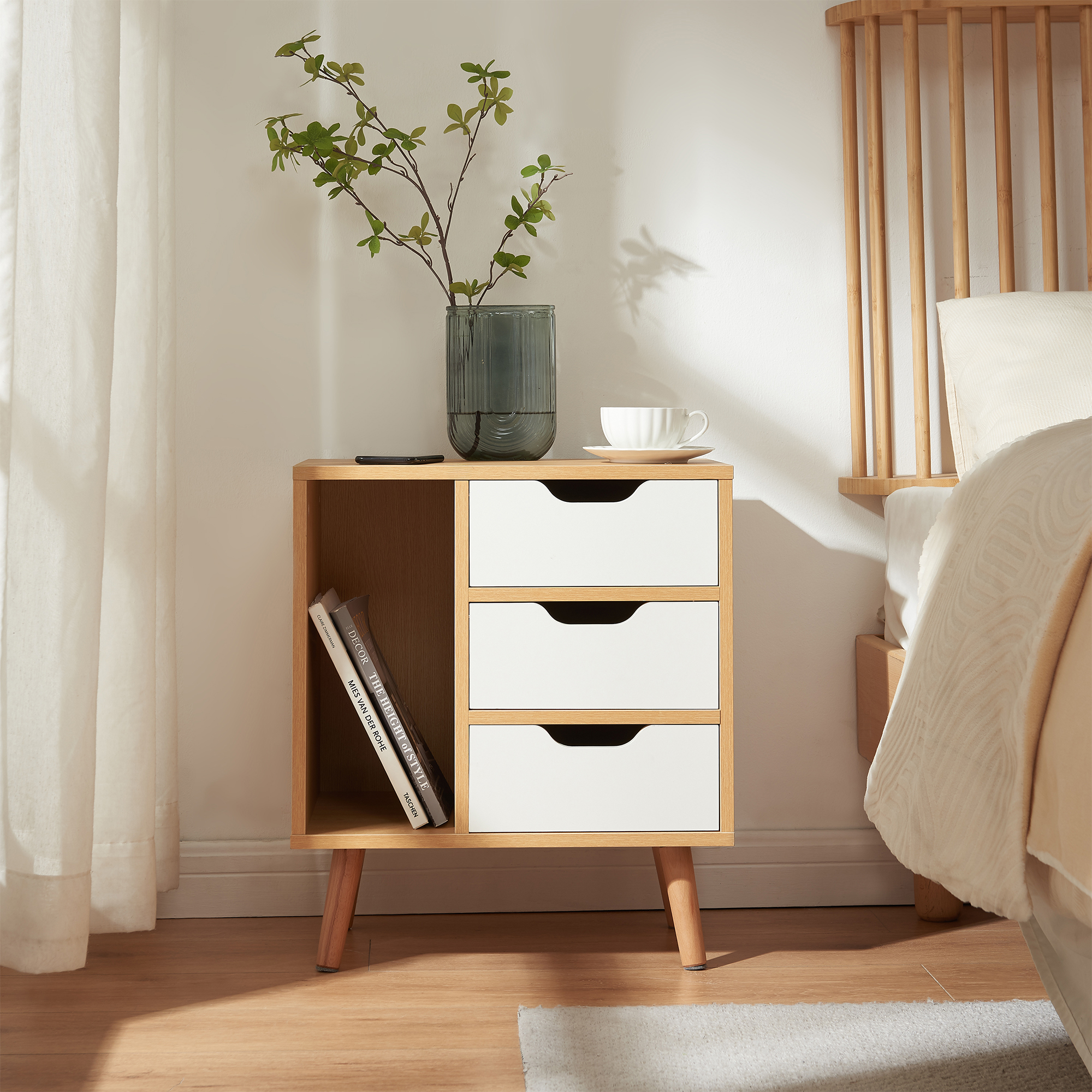 Noptieră cu 3 sertare și raft deschis, stejar și alb, 55x48x30 cm