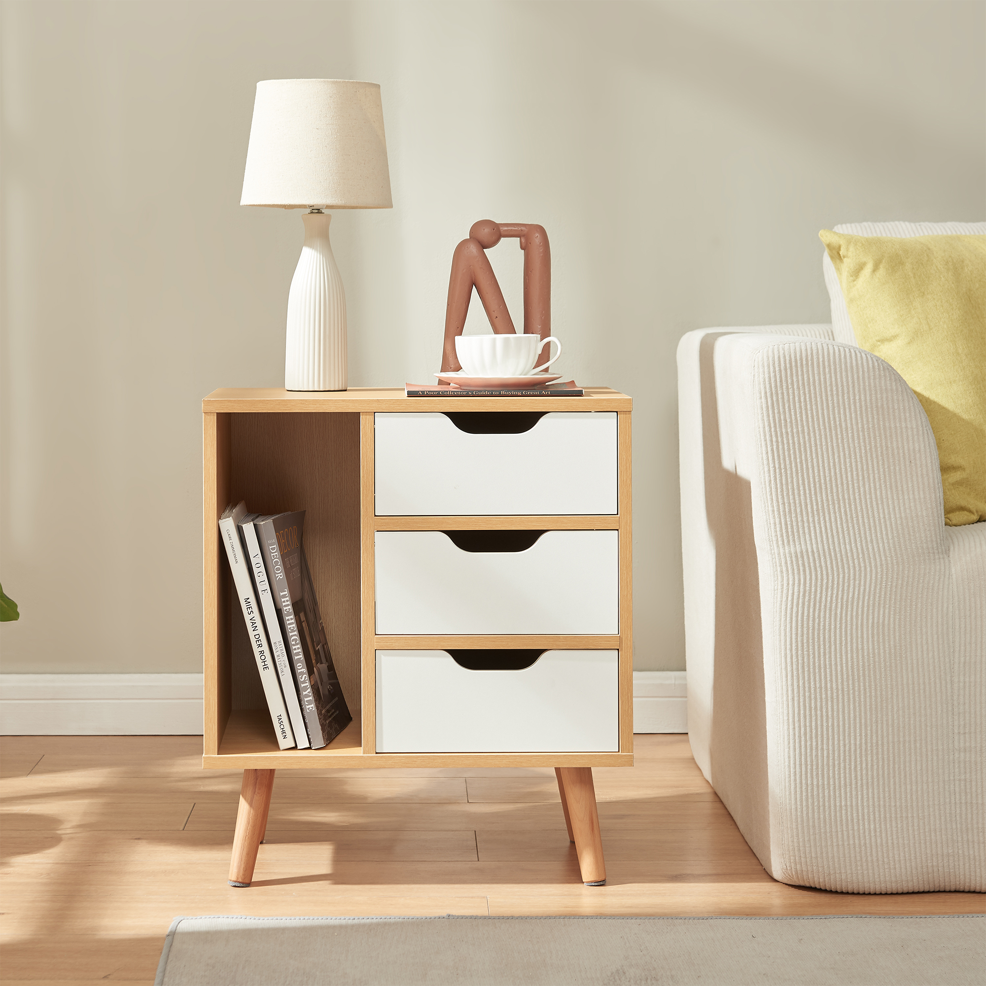 Noptieră cu 3 sertare și raft deschis, stejar și alb, 55x48x30 cm