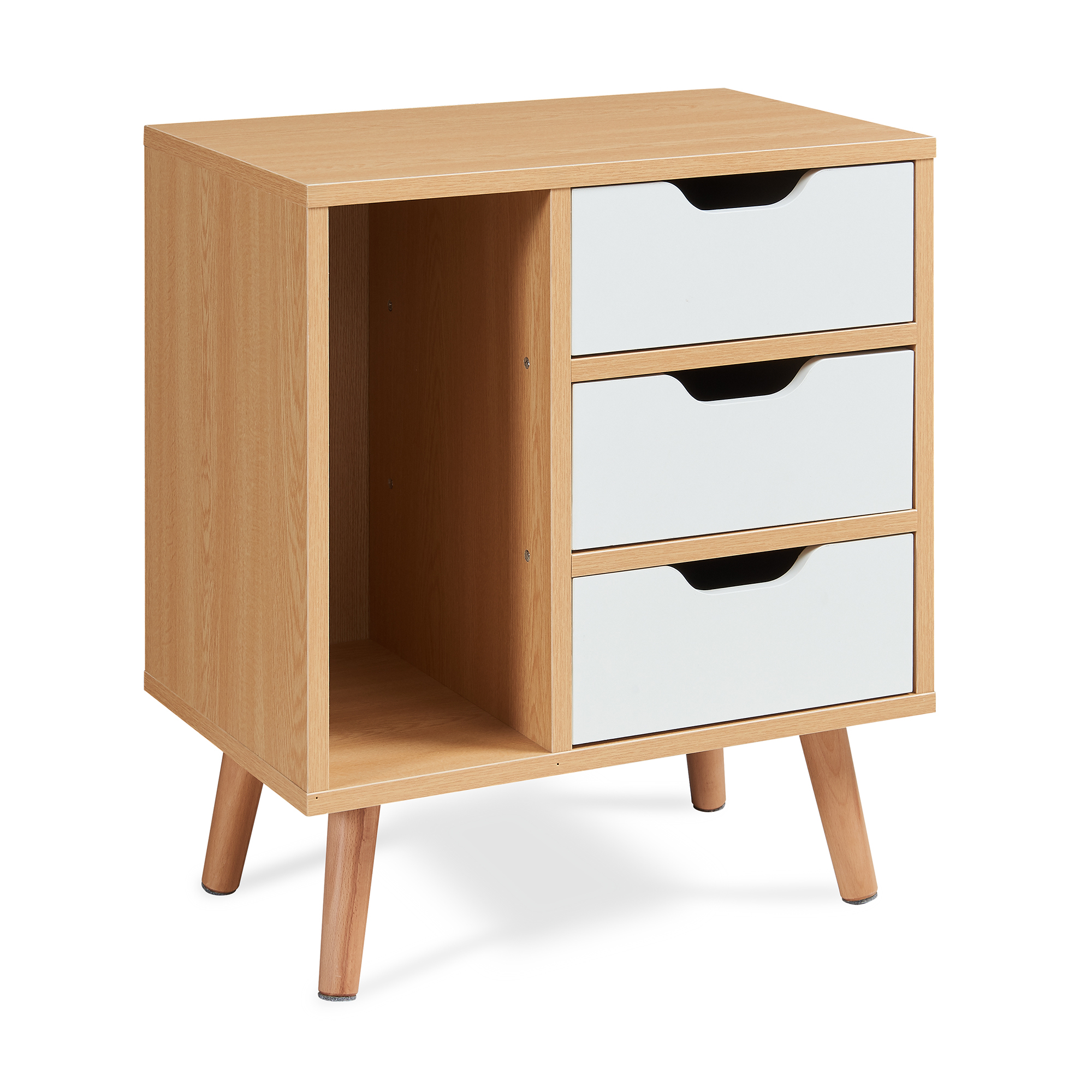 Noptieră cu 3 sertare și raft deschis, stejar și alb, 55x48x30 cm