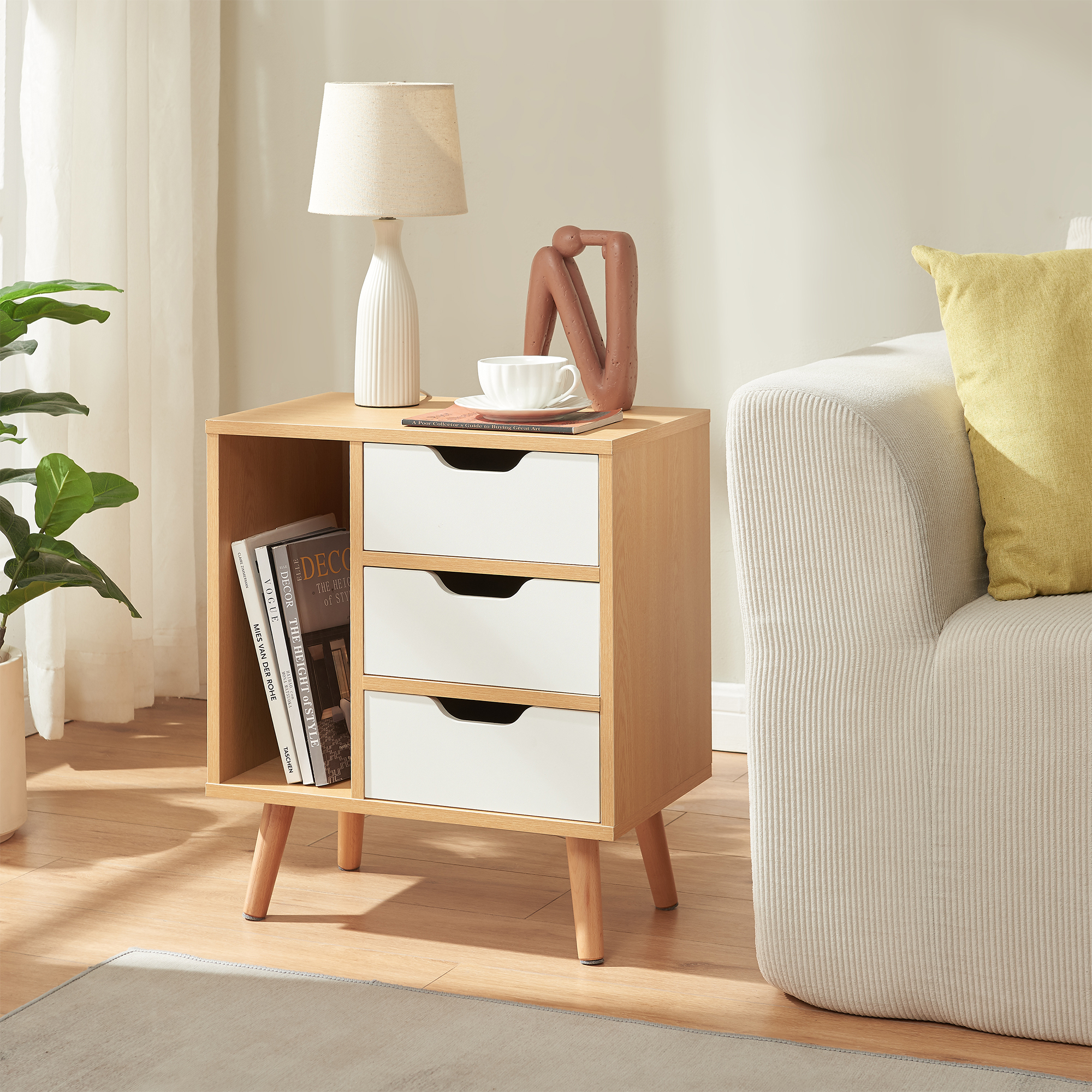 Noptieră cu 3 sertare și raft deschis, stejar și alb, 55x48x30 cm