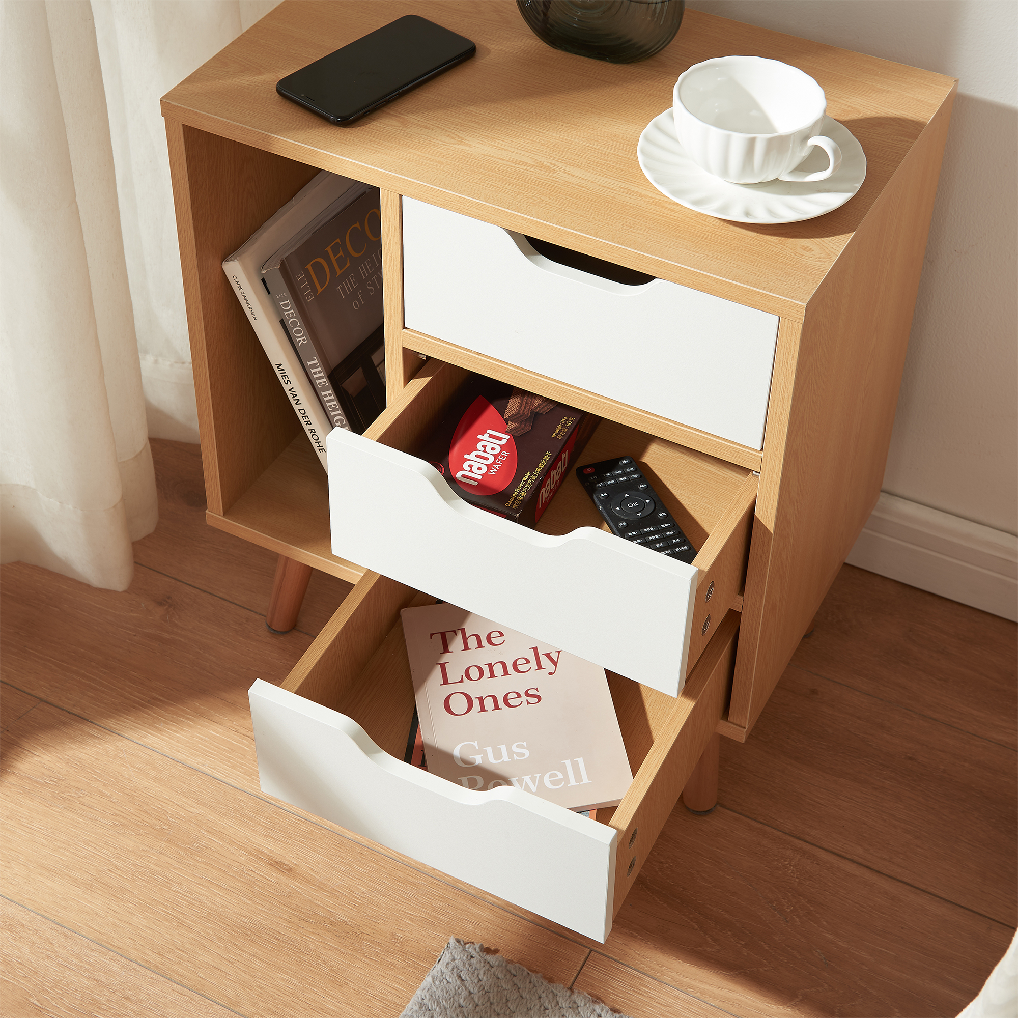 Noptieră cu 3 sertare și raft deschis, stejar și alb, 55x48x30 cm