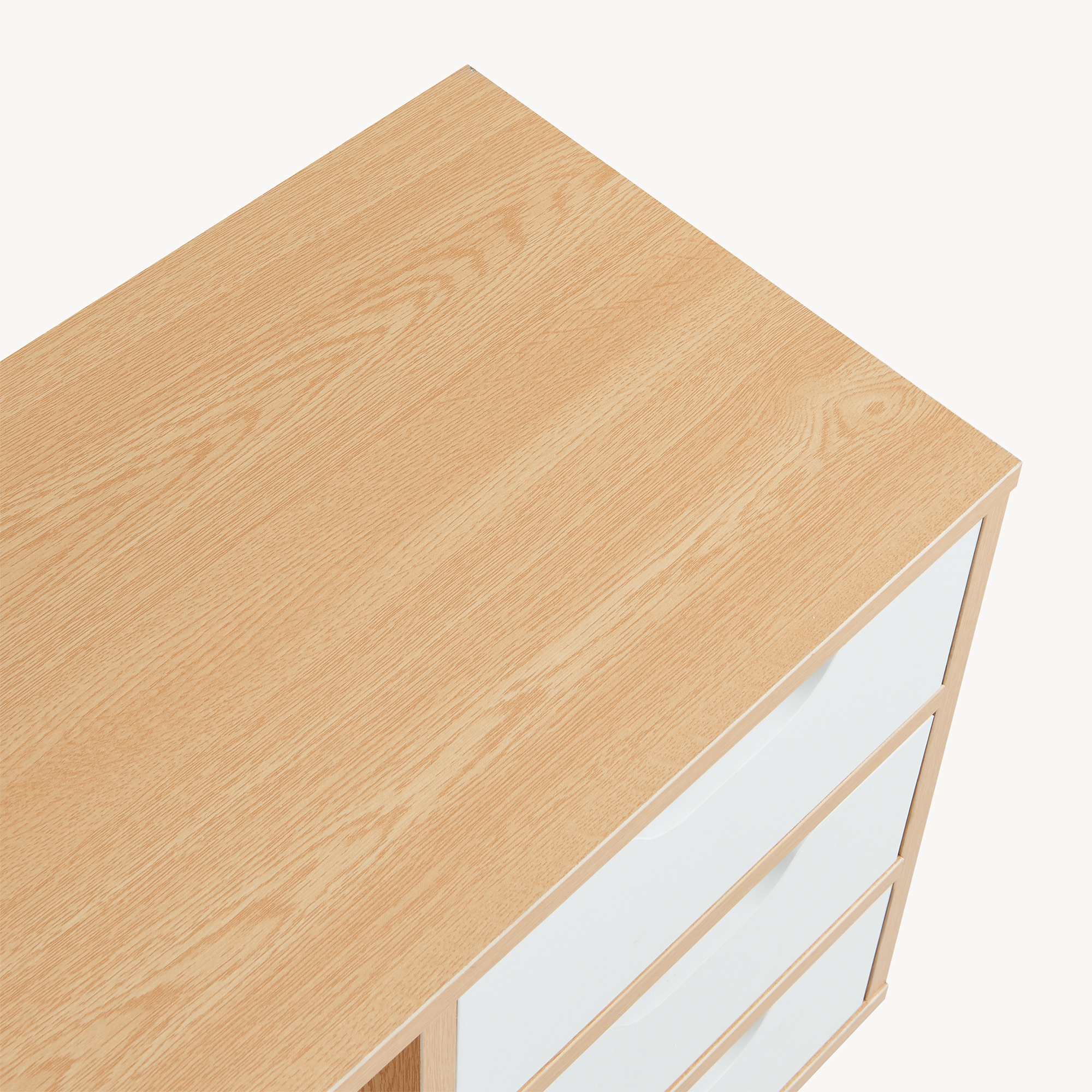 Noptieră cu 3 sertare și raft deschis, stejar și alb, 55x48x30 cm