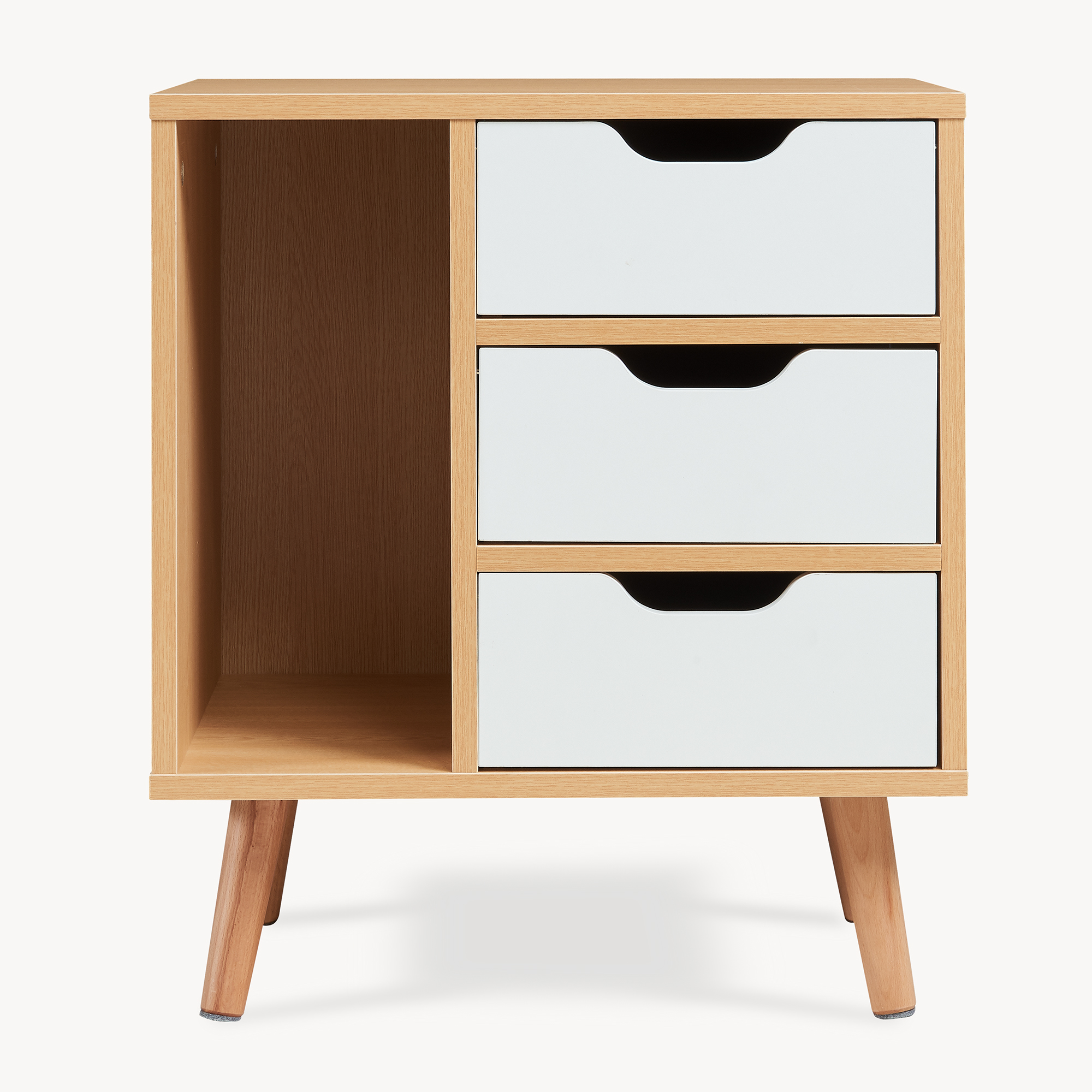 Noptieră cu 3 sertare și raft deschis, stejar și alb, 55x48x30 cm