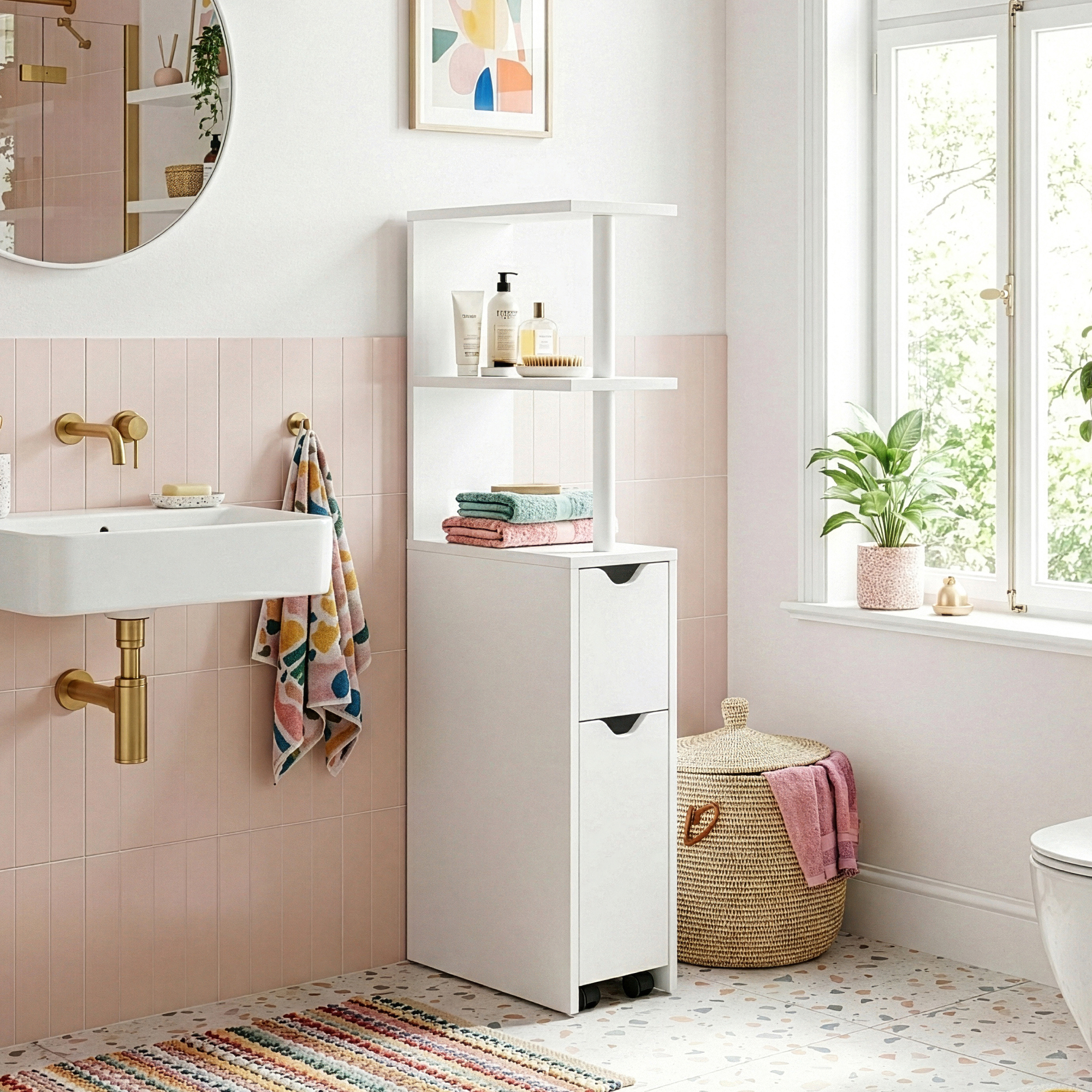 Raft îngust de baie Fadeskimma cu sertar și roll-out, alb, 113x19x45 cm